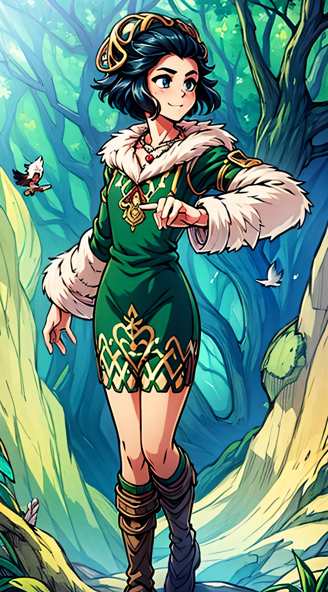 anime screencap, 1 girl, solo, black hair, short hair, green dress, hair hornament, dreadlocks, forehead, outdoors, forest, bird in hand, full body, cowboy shot, subtle smile masterpiece, high res, detailed face, detailed eyes, ((((furry edge clothing)))),(arabian jewelry,intricate necklace),(((intricate outfit,intricate clothes,embroidered outfit,ornate outfit))), (dynamic pose:1.0),embarrassed,(centered,scale to fit dimensions,Rule of thirds),