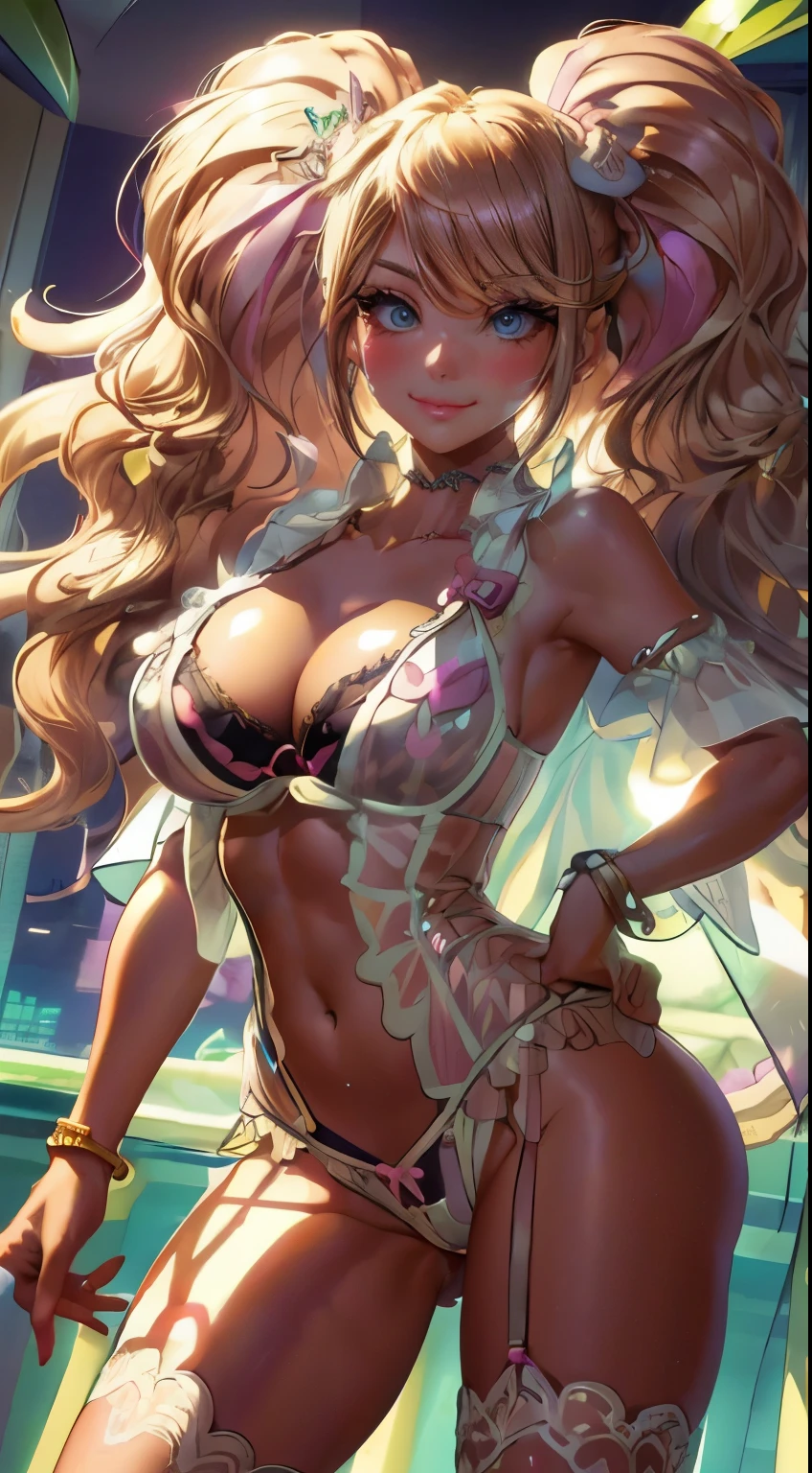 (masterpiece, best quality), pixel art, perfect slim fit body, thick thighs, nice breasts, wavy hair, bracelet, necklace, (pastel transparent lingerie:1.2), standing pose, big gorgeous eyes, kind smile, parted lips, blush, luxury penthouse bedroom, elaborate details, ambient lighting, top pixiv, top artstation