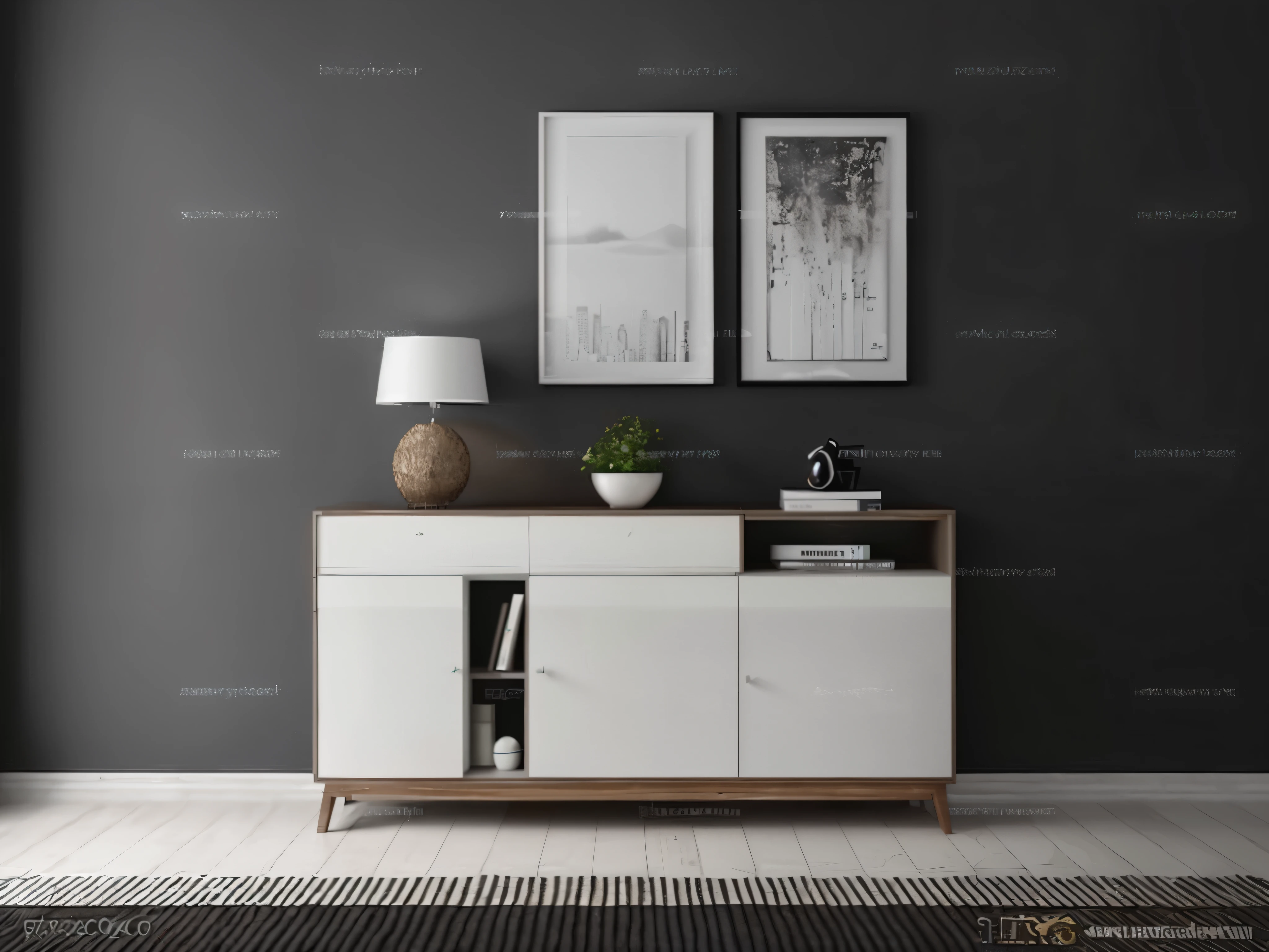 White and black sideboard,there is a light on it,photos on the wall, furniture photography, vray 8k rendering, High quality 3D rendering, High quality 3D rendering, Ultra-realistic rendering of details, High quality rendering, rendervray, vray rendering, High quality rendering, 3 d vray rendering, High quality renderinging, 8k vray rendering