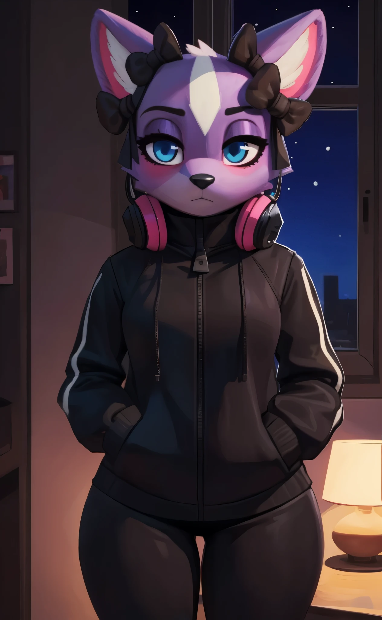 [Shikabane], [Aggretsuko], [Uploaded to e621.net; (Pixelsketcher), (wamudraws)], ((masterpiece)), ((HD)), ((high res)), ((solo portrait)), ((waist-up)), ((front view)), ((furry; anthro)), ((detailed fur)), ((detailed shading)), ((beautiful render art)), ((intricate details)), {anthro skunk; purple fur, black nose, (cute blue eyes), (purple eyeshadow), (pink eyeliner), (curvy hips), (beautiful legs), (humanoid feet), (bored expression)}, {(black zip-up jacket), (black sweatshirt), (long sleeves), (black yoga pants), (black and pink headphones around neck), (black bows on ears)}, {(standing), (hands in pocket), (looking at viewer)}, [background; (bedroom), (window), (nighttime), (starry sky), (lamp light), (ambient lighting)]