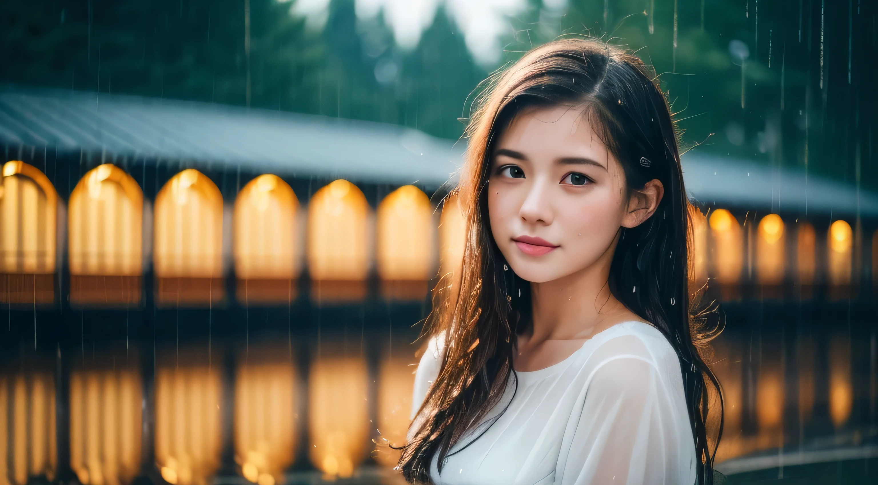 young white woman in her 20s, Getting wet in the rain in front of Kinkakuji Temple, Moderate: painting, small rain scene, highest quality, 4K, super detailed, realistic: 1.37, portrait style, Bright colors, soft lighting, raindrops fall, wet hair, delicate features, flowing dress, calm expression, quiet atmosphere