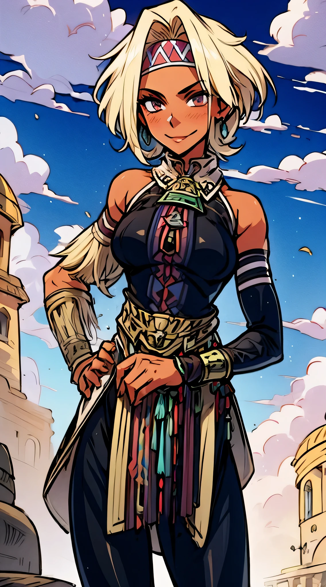 Lucia, masterpiece, anime screencap, 1 girl, solo, woman, mature, short hair, blonde hair, headband. dark skin, native american costume, leggings, black brown costume, bare arms, wristbands, teasing smile, follow me gesture, cowboy shot, outdoors, medieval town,