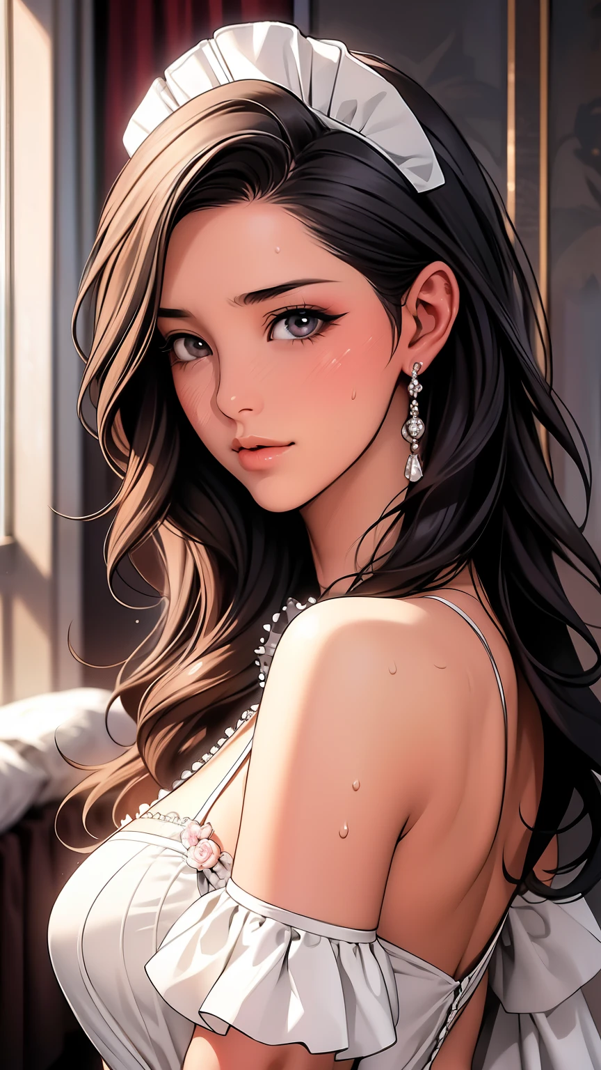(((highest quality))),(((masterpiece))),(((detailed))),(((On High Resoluti))),(((Beautiful and beautiful work: 1.5))),(Ultra High Resoluti),(((detailedな背景)))8K, RAW photo, highest quality,32K,masterpiece,hyper hd,Delicate and beautiful hair, eyes and face,((hotel room)),beautiful face,((blush, Sweat)), Clear white sk,(maid costume),(ultra detail, facial)