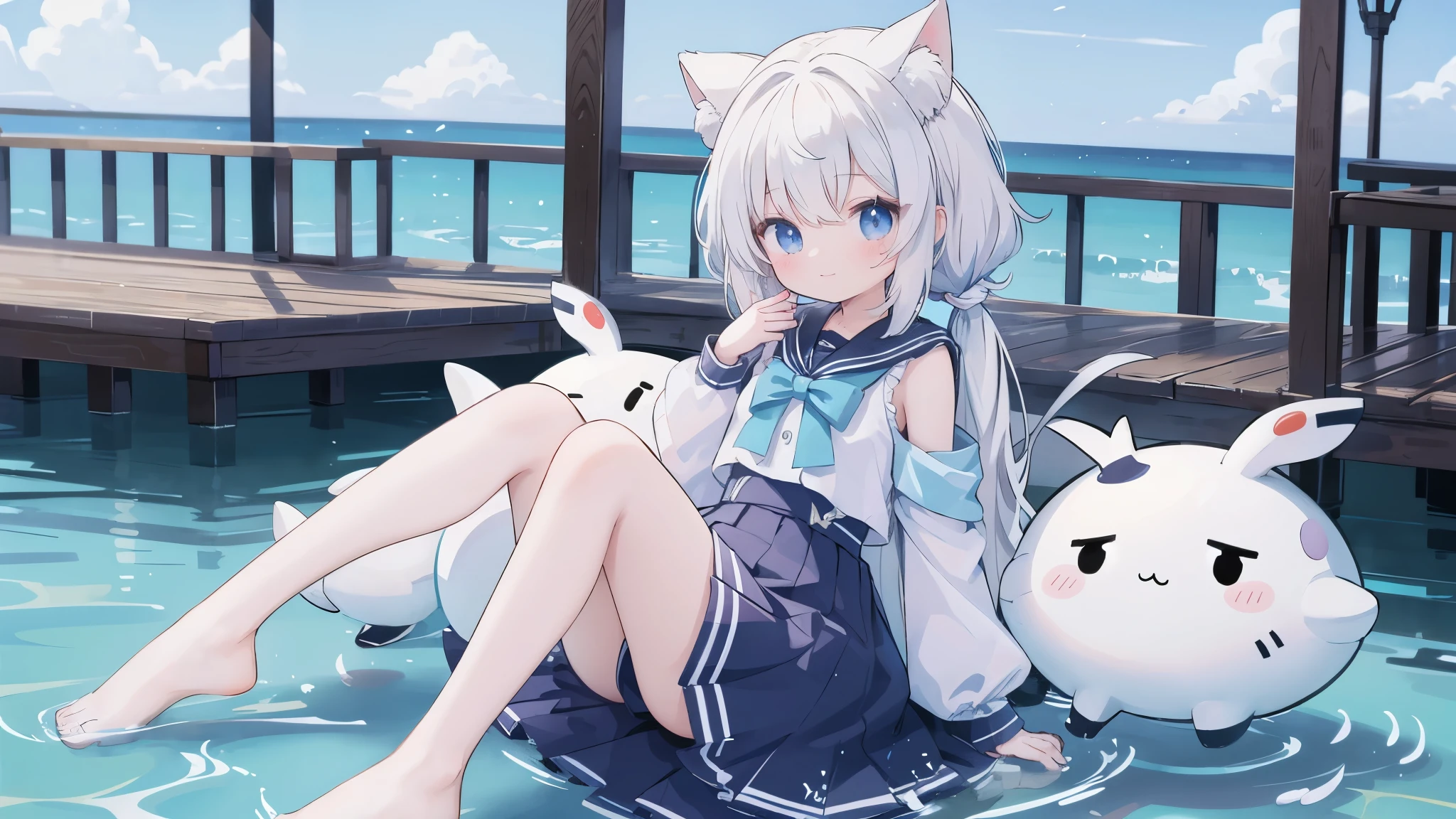 Anime girl sitting on the pier,In the background is a pond, 完美的white hair女孩, Splash art anime , Anime visual of a cute girl, white hair的 god, Small curve , white hair女孩, anime style 4k, white hair, anime long hair girl, white hair的, cute anime girl,