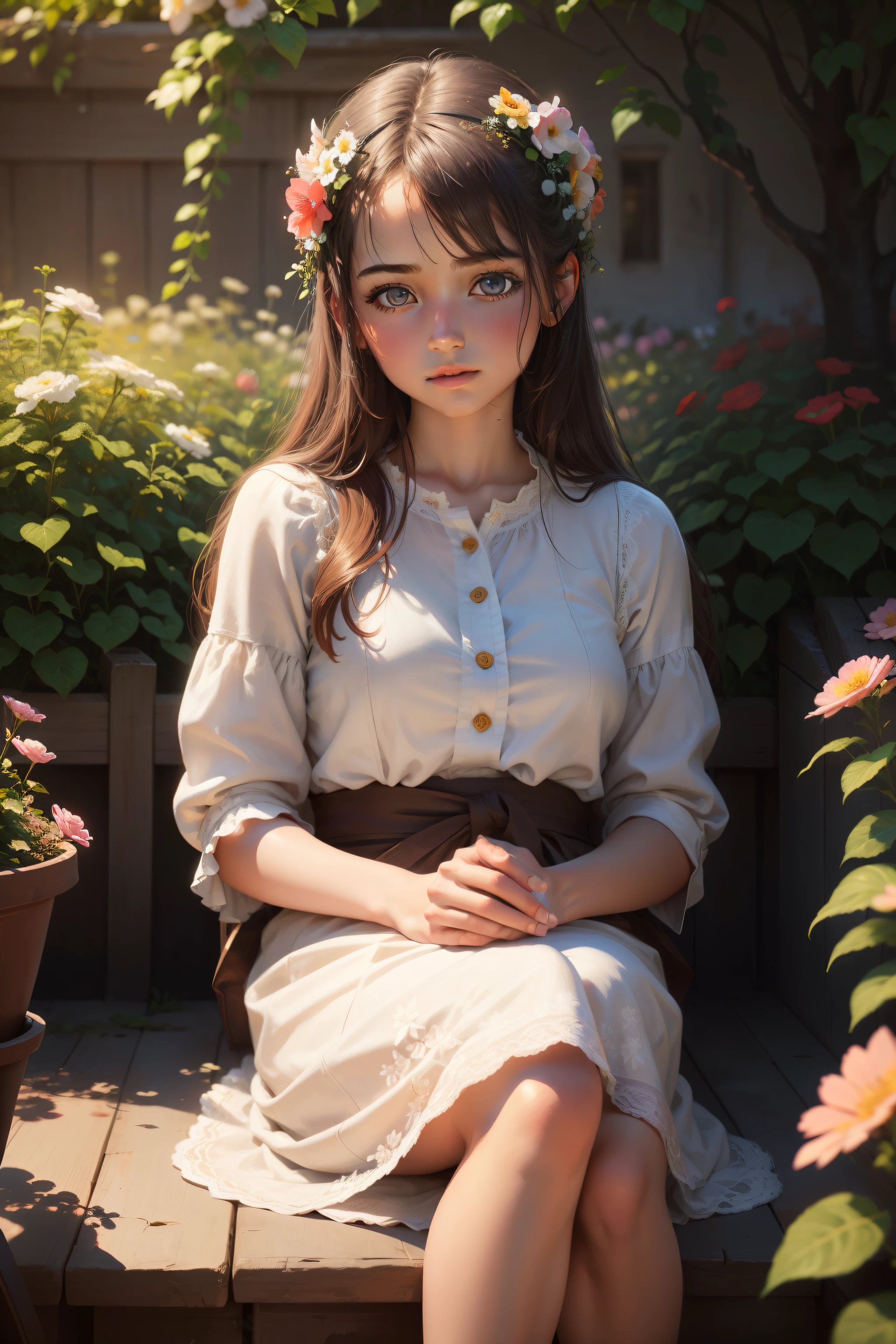 beautiful detailed eyes, flowers in the background, a girl sitting in a garden, traditional oil painting style, vibrant colors, soft lighting, (best quality, realistic, highres:1.2, ultra-detailed), bokeh.