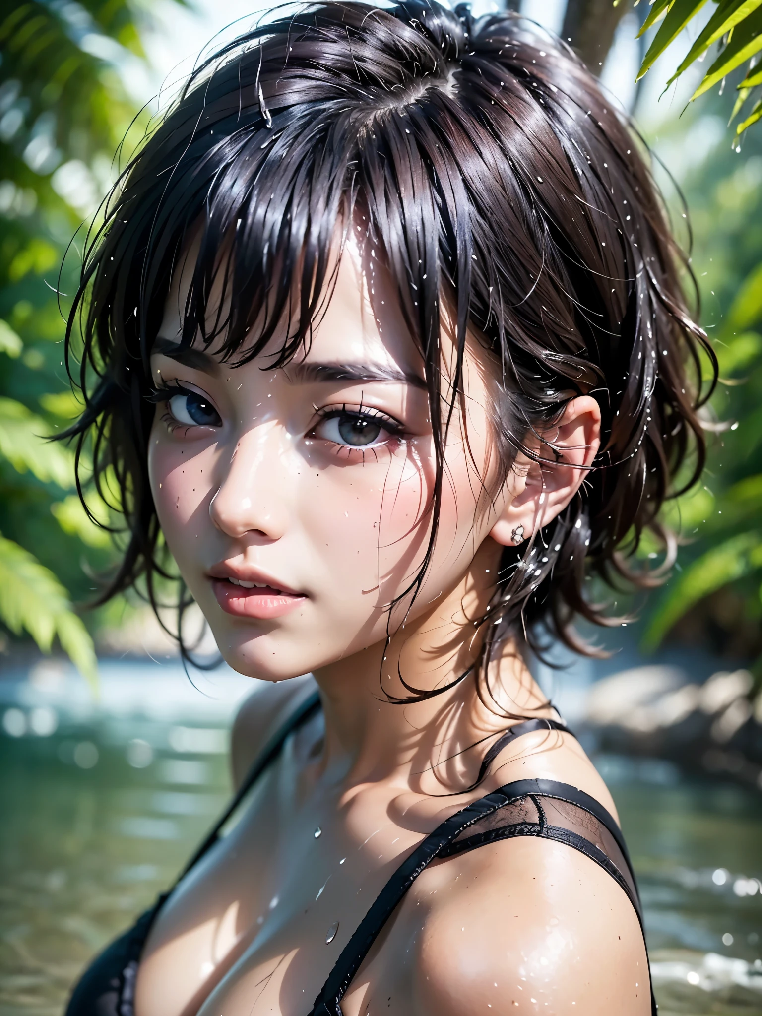 (masterpiece:1.3), (8K、photorealistic, Raw photo, best quality:1.4), (solo), 1 Japan Girl, beautiful face, Beautiful face with perfect symmetry, cute face, wonderful smile, (beautiful black hair bob cut), beautiful black eyes, perfect anatomy, (high detail skin: 1.2), Natural breasts, Beautiful thighs, perfect anatomy,
braid hair, With bangs, ((detailed silk underwear )), sweaty, wet skin, ((wet underwear:1.1)), A beautiful river in a natural park in the tropics, perfect lighting, focus only, (big ass), Front view,