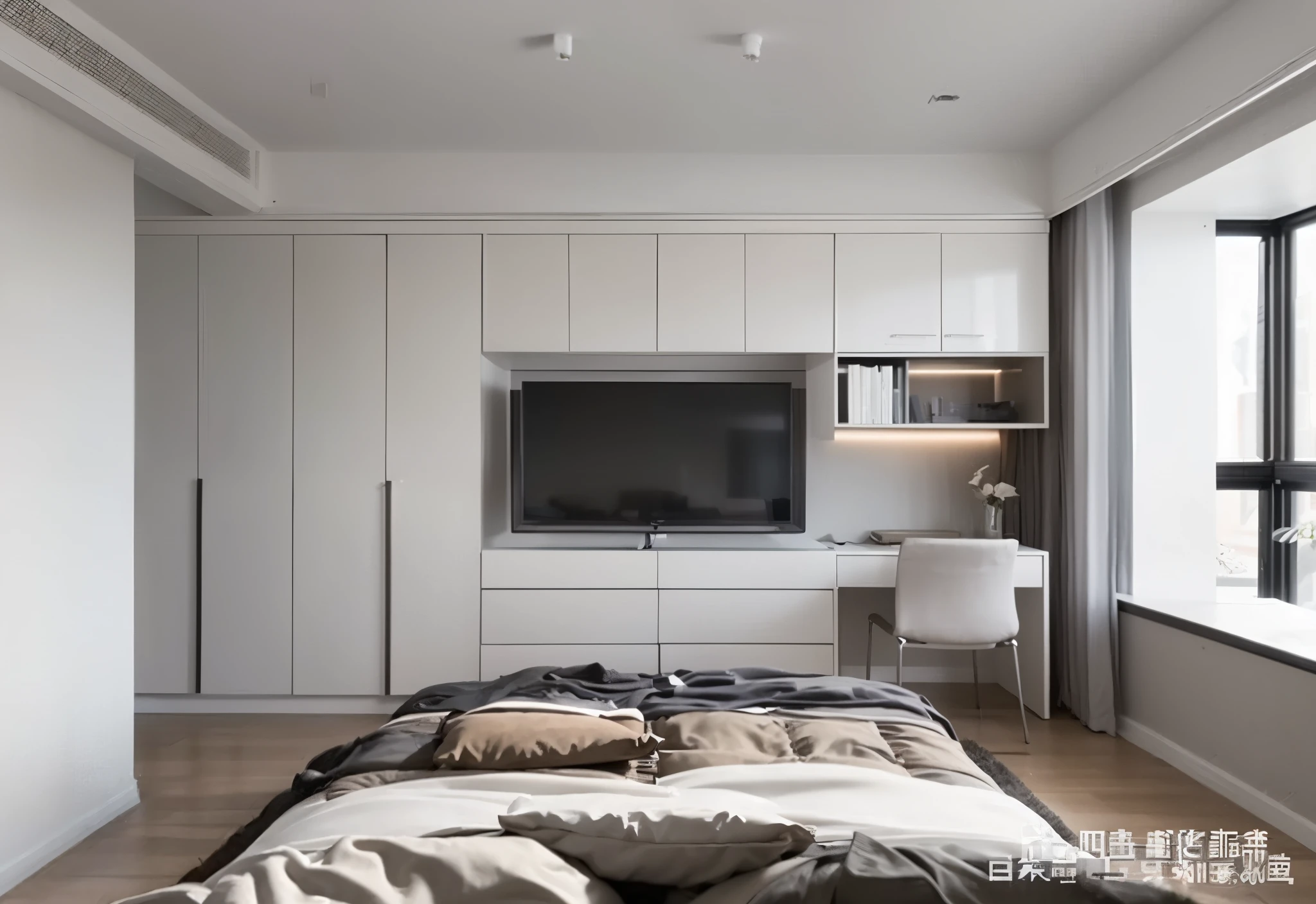 Close-up of a bed with pillows and a TV on the wall, 小bedroom, Modern and simple, bedroom, Simple and beautiful, apartment design, All white rendering, Simple and clean, Popular interior design styles, 4K ], 4K], 8k--height 768, 4K. high quality, vray 8k rendering