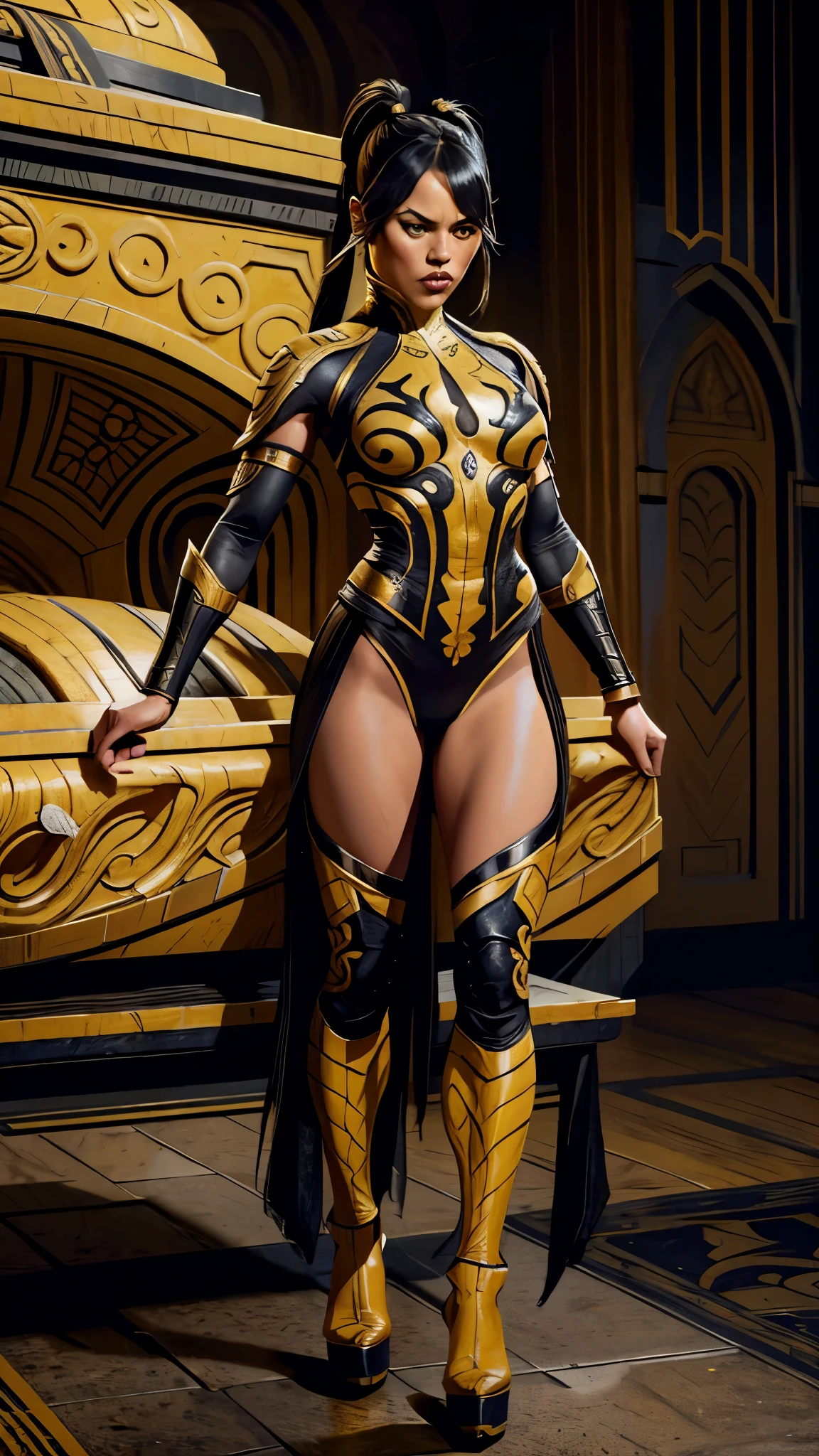 jenna_ortega as tanyaMK1 from Mortal Kombat, long, black pig tails, yellow revealing bodysuit, black ornate details, yellow stockings, high heels, in a tomb, intricate, high detail, sharp focus, dramatic, photorealistic painting art by greg rutkowski