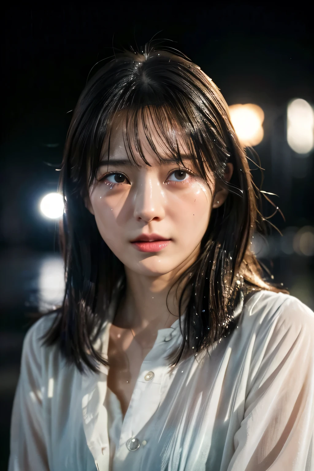 realistic, 想像力豊かなマカオの女性ページの1 girl, highest quality, highest resolution, Super detailed, 16k, movie lighting, (雨のnight:1.4),(night:1.4), (Are crying:1.4),(tears:1.4), 大tears, wet in the rain, wet hair, street lamp light, fine eyes, expression of sadness, tears run down my cheeks, Angle of view like a classic movie, Works by famous directors, (1 girl :1.4),highest quality, table top, (realistic:1.2), young woman, lady, detailed face, fine eyes, thin hair, fine skin,look at the audience, dramatic, vibrant, (highest quality Detail:1.2),8K high resolution,tearsで潤んだ目