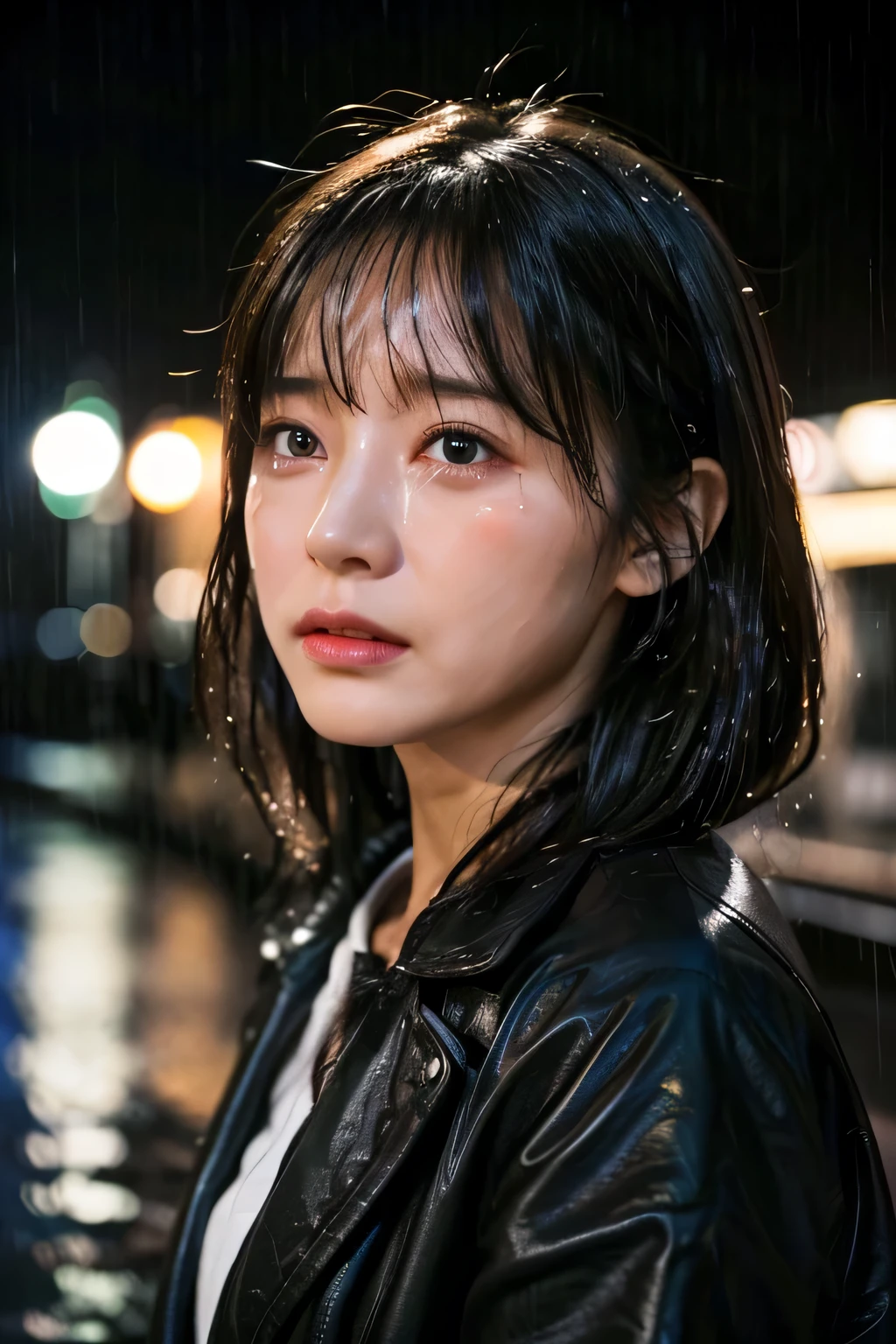 realistic, 想像力豊かなマカオの女性ページの1 girl, highest quality, highest resolution, Super detailed, 16k, movie lighting, (雨のnight:1.4),(night:1.4), (Are crying:1.4),(tears:1.4), 大tears, wet in the rain, wet hair, street lamp light, fine eyes, expression of sadness, tears run down my cheeks, Angle of view like a classic movie, Works by famous directors, (1 girl :1.4),highest quality, table top, (realistic:1.2), young woman, lady, detailed face, fine eyes, thin hair, fine skin,look at the audience, dramatic, vibrant, (highest quality Detail:1.2),8K high resolution,tearsで潤んだ目