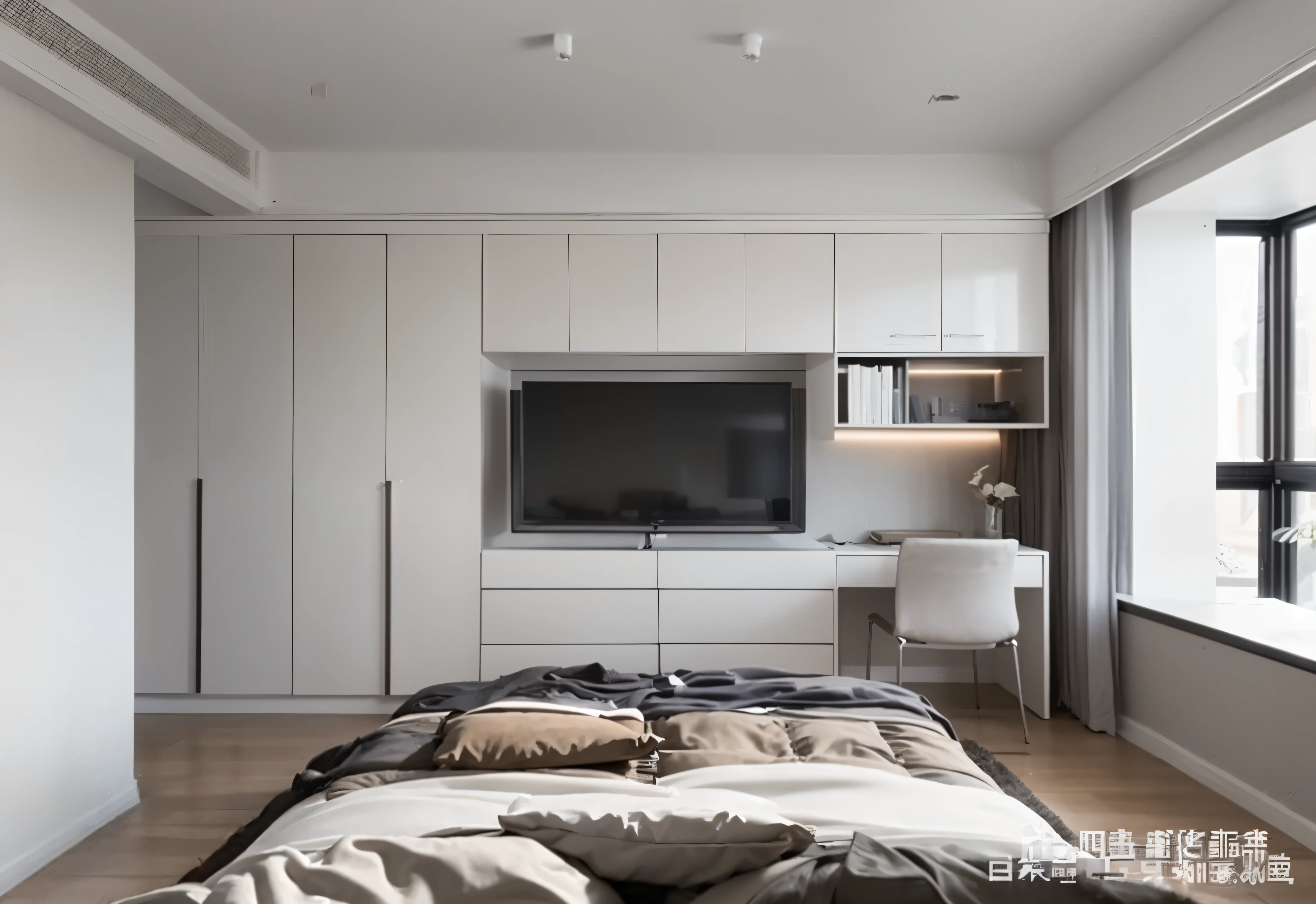 there is a bed on the wall、Close-up of pillows and TV, 小bedroom, Modern and simple, bedroom, Simple and beautiful, apartment design, All white rendering, Simple and clean, Popular interior design styles, 4K ], 4K], 8k--height 768, 4K. high quality, vray 8k rendering