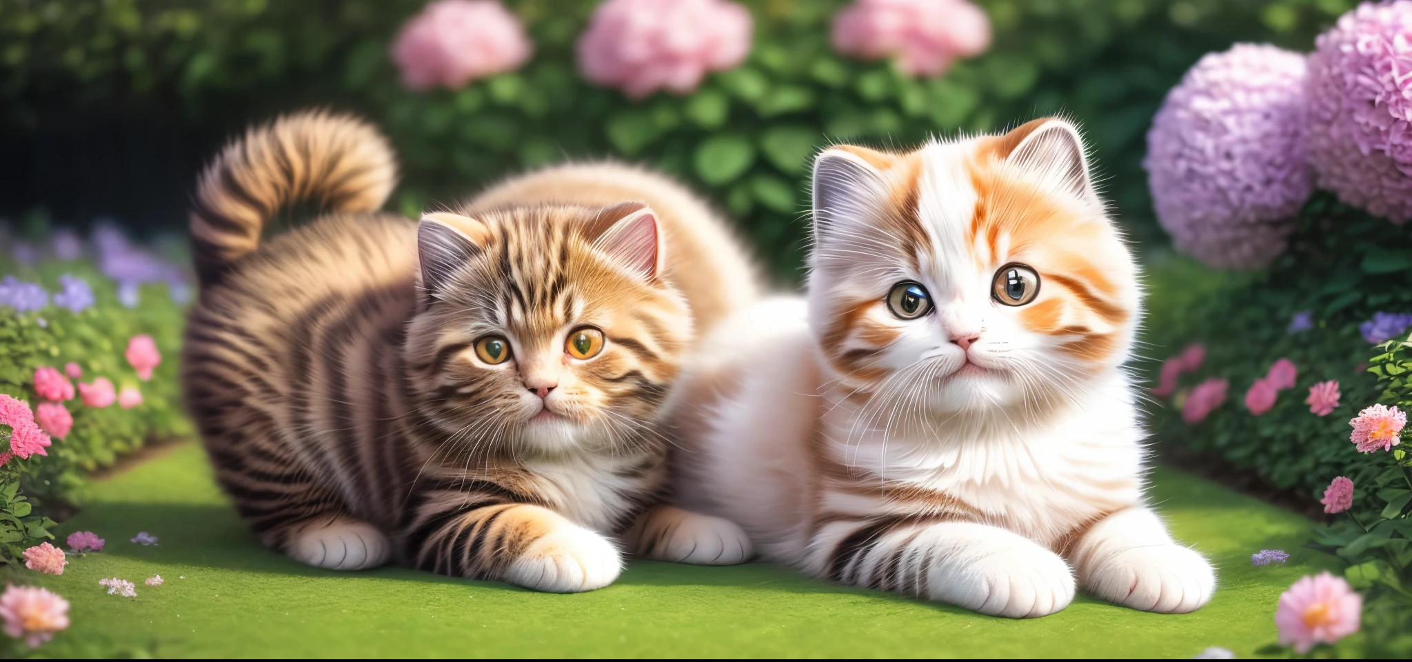 a kitty, (cute), (kawaii), trippy, 8k, ultra details, surreal photography, paws, ((adorable)), lovely, HD, full body, garden flower background, fluffy, ((photo realistic)), nikon d850, rich color, kodak portra 400 camera, naive pose, (Scottish fold breed), super cute, looking at viewer, ((realistic))