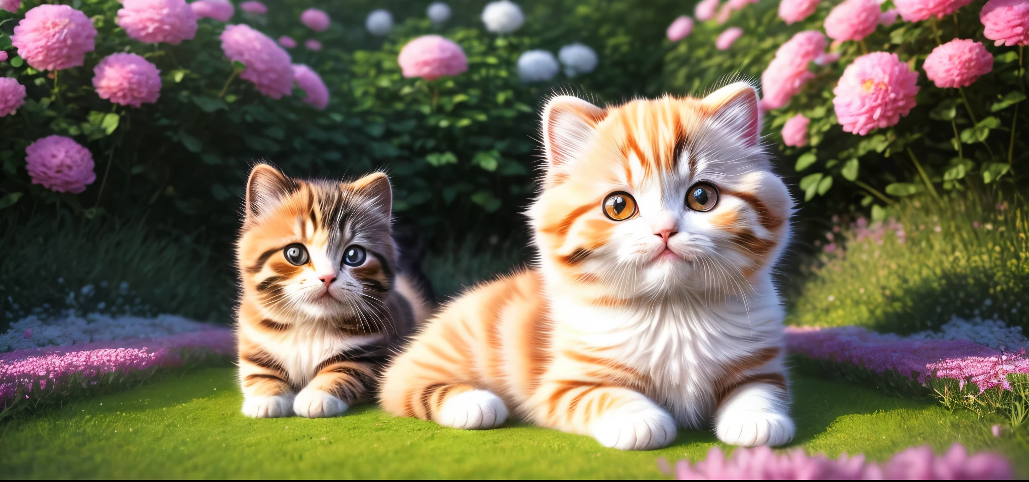 a kitty, (cute), (kawaii), trippy, 8k, ultra details, surreal photography, paws, ((adorable)), lovely, HD, full body, garden flower background, fluffy, ((photo realistic)), nikon d850, rich color, kodak portra 400 camera, naive pose, (Scottish fold breed), super cute, looking at viewer, ((realistic))