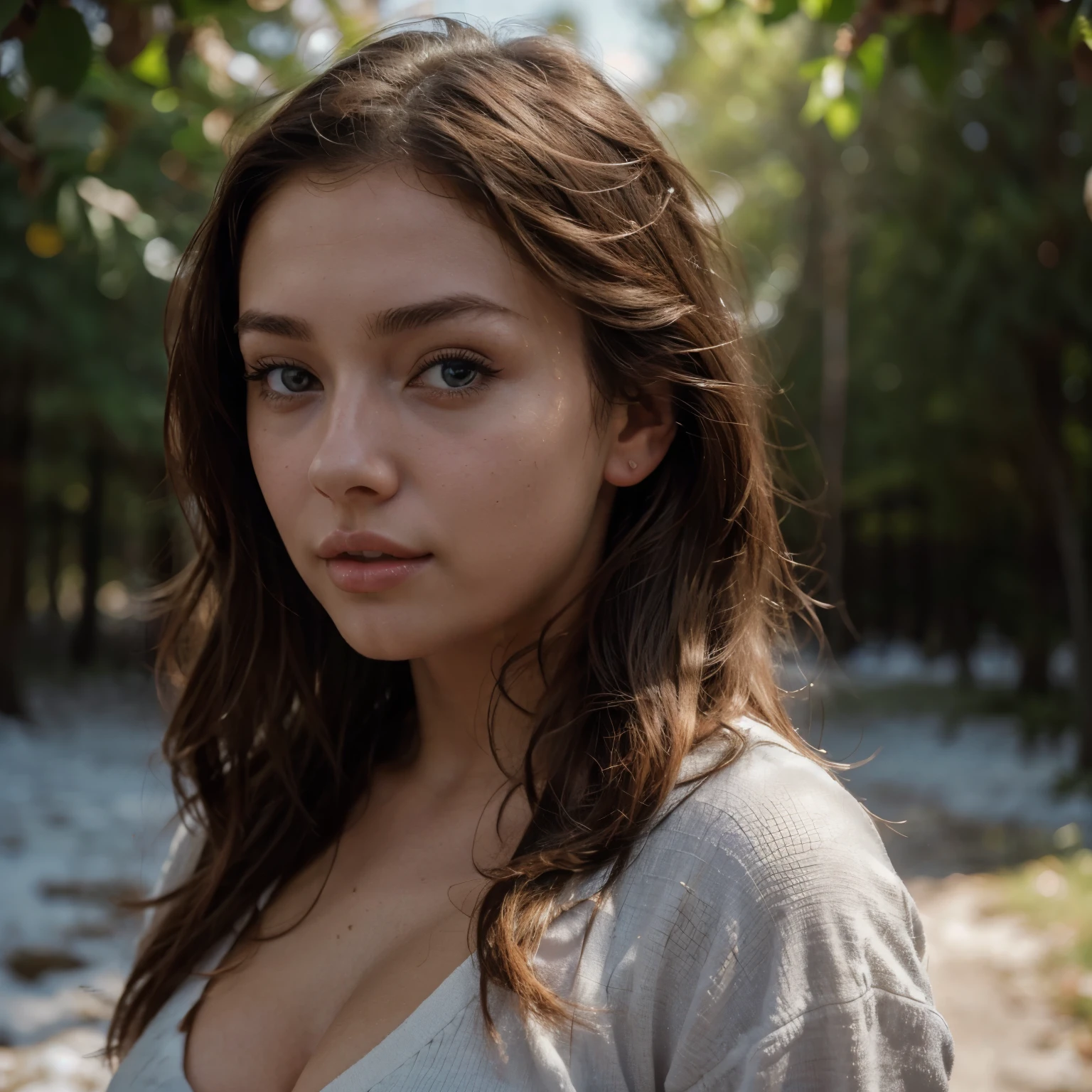 Photorealistic, ultra-detailed, Beautiful woman, portrait photo, Solo, cosplaying a teacher, winter scene, bright scene, bright morning, The essence of real life, brunette colour hair, twenty years old, cheerful , show medium cleavage, flashlights, Crystal clear sky, analogue style, film grain, Best shadow, primitive, Instagram LUT. portrait sophie mudd, thick neck, 19 year old female model, latina, angelawhite, violet myers, 22 years old, 21 years old, profile image, italian, italian latina, Alycia Debnam-Carey, hazel eyes, realistic, post-processing, maximum detail,