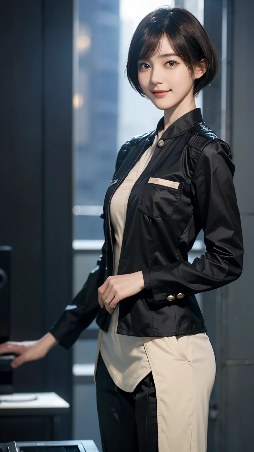 162
Shorthair, (a 20 yo woman, standing), A hyper-realistic, gentle smile, sci-fi cool suit, (口紅)
