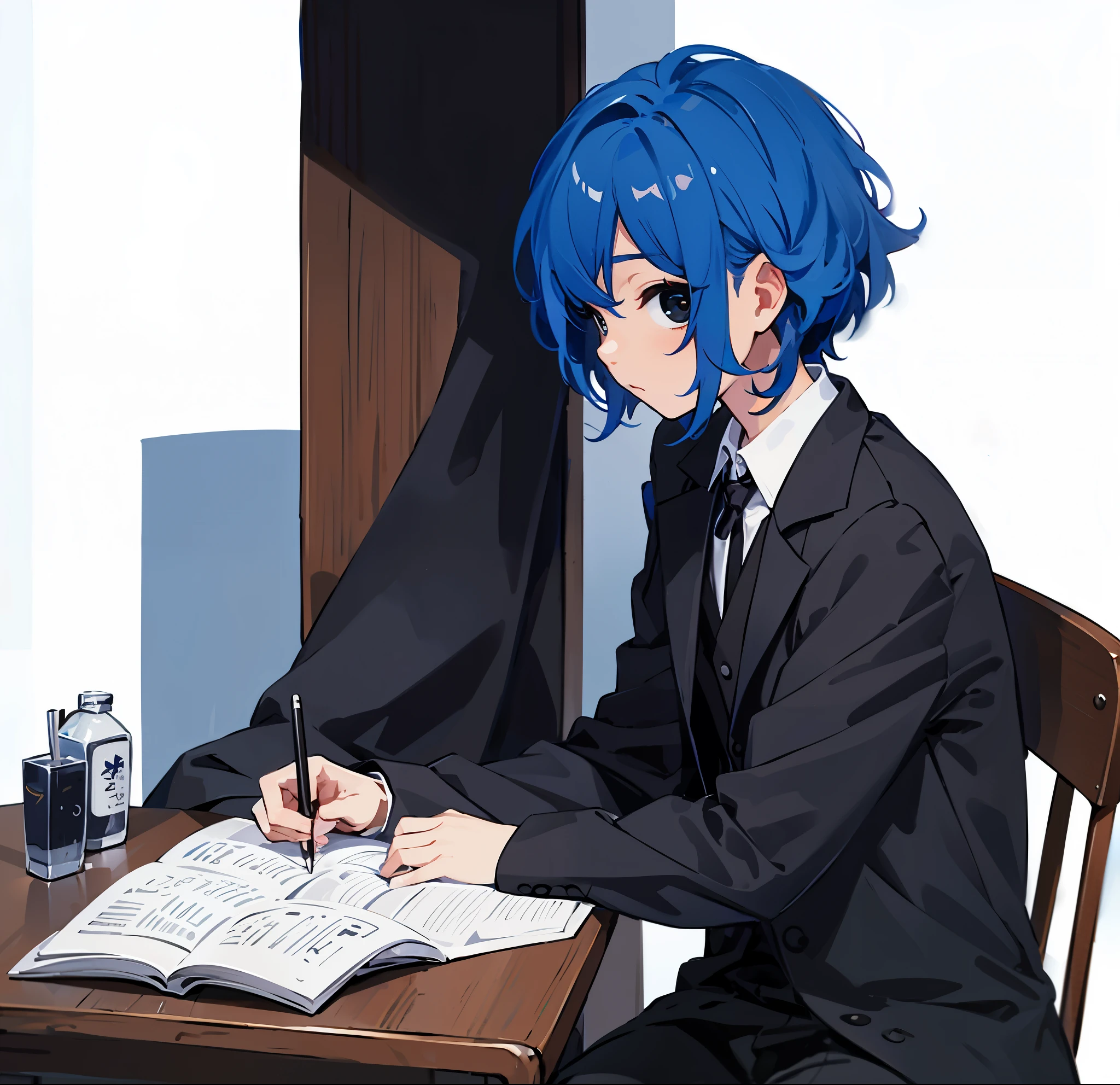 high-resolution, top quality, BestQuality:1.3, ultra detailed 4k cg, ultra detailed 8k cg, lighting forward, ((dark lower eyeshadow)), blue hair, (cool), (((kids))), (光がない黒い瞳), A long black suit jacket over a white shirt, (no background), baggy clothes, kids sitting at desk and studying, thinking