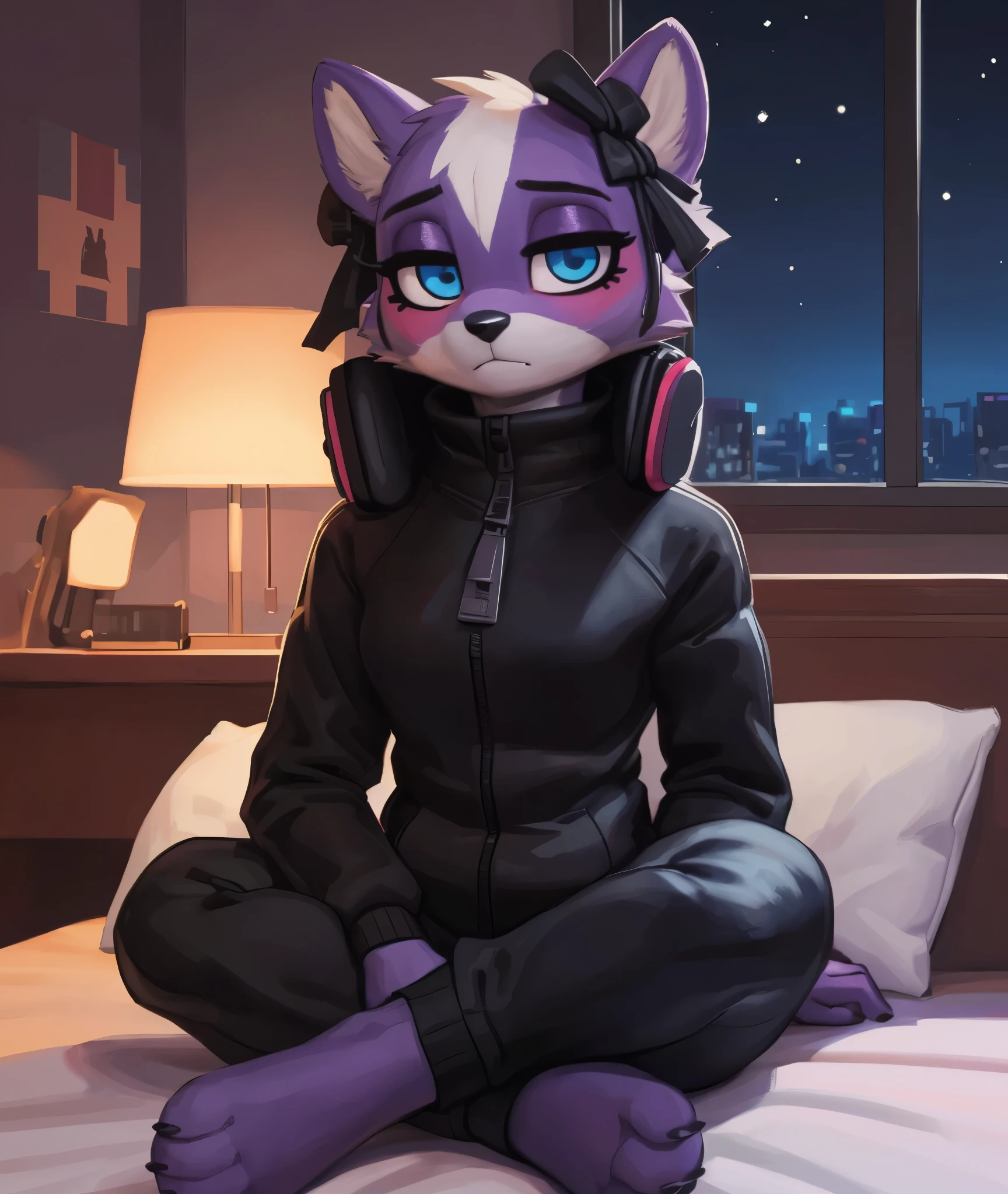 [Shikabane], [Aggretsuko], [Uploaded to e621.net; (Pixelsketcher), (wamudraws)], ((masterpiece)), ((HD)), ((high res)), ((solo portrait)), ((full body)), ((front view)), ((feet visible)), ((furry; anthro)), ((detailed fur)), ((detailed shading)), ((beautiful render art)), ((intricate details)), {anthro skunk; purple fur, black nose, (cute blue eyes), (purple eyeshadow), (pink eyeliner), (curvy hips), (beautiful legs), (humanoid feet), (bored expression)}, {(black zip-up jacket), (black sweatshirt), (long sleeves), (black yoga pants), (black and pink headphones around neck), (black bows)}, {(sitting on bed), (crossed legs), (hands in pocket), (looking at viewer)}, [background; (bedroom), (window), (nighttime), (starry sky), (lamp light), (ambient lighting)]