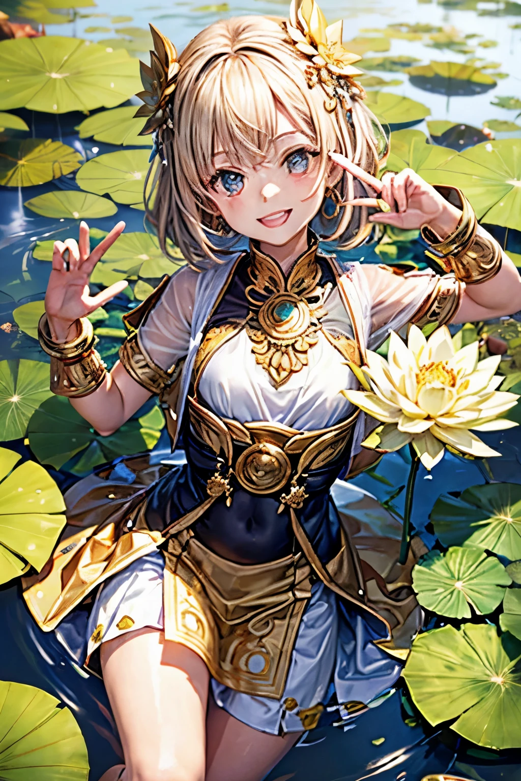 （Big summer poster），（best qualtiy），tmasterpiece，best qualtiy，elegant boy , uniform, happy face and nice smile, in hand some real and jewellery of gold, at background written gold colour 3d "Putut .corp"（8k wallpaper）（best qualtiy），（Most Best Illustration），夏天，（lotuses ，Lotus leaf），ponds， ultra-detailliert