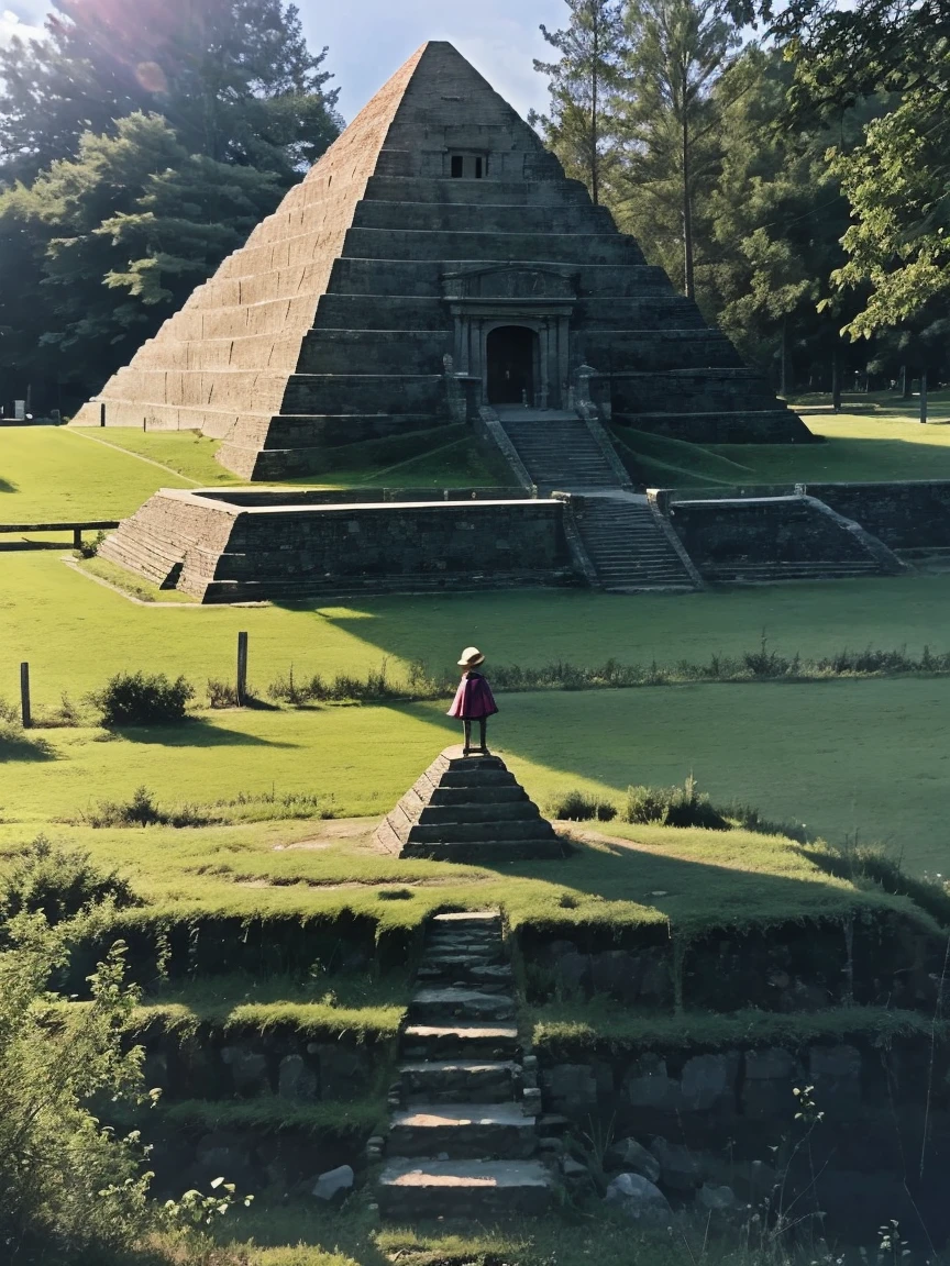 highest quality、masterpiece、ultra high resolution、(realistic:1.4)、ancient ruins、Shining pyramid、shine beautifully、Buried with huge stones、pyramid covered with ivy、girl standing in front of the pyramid