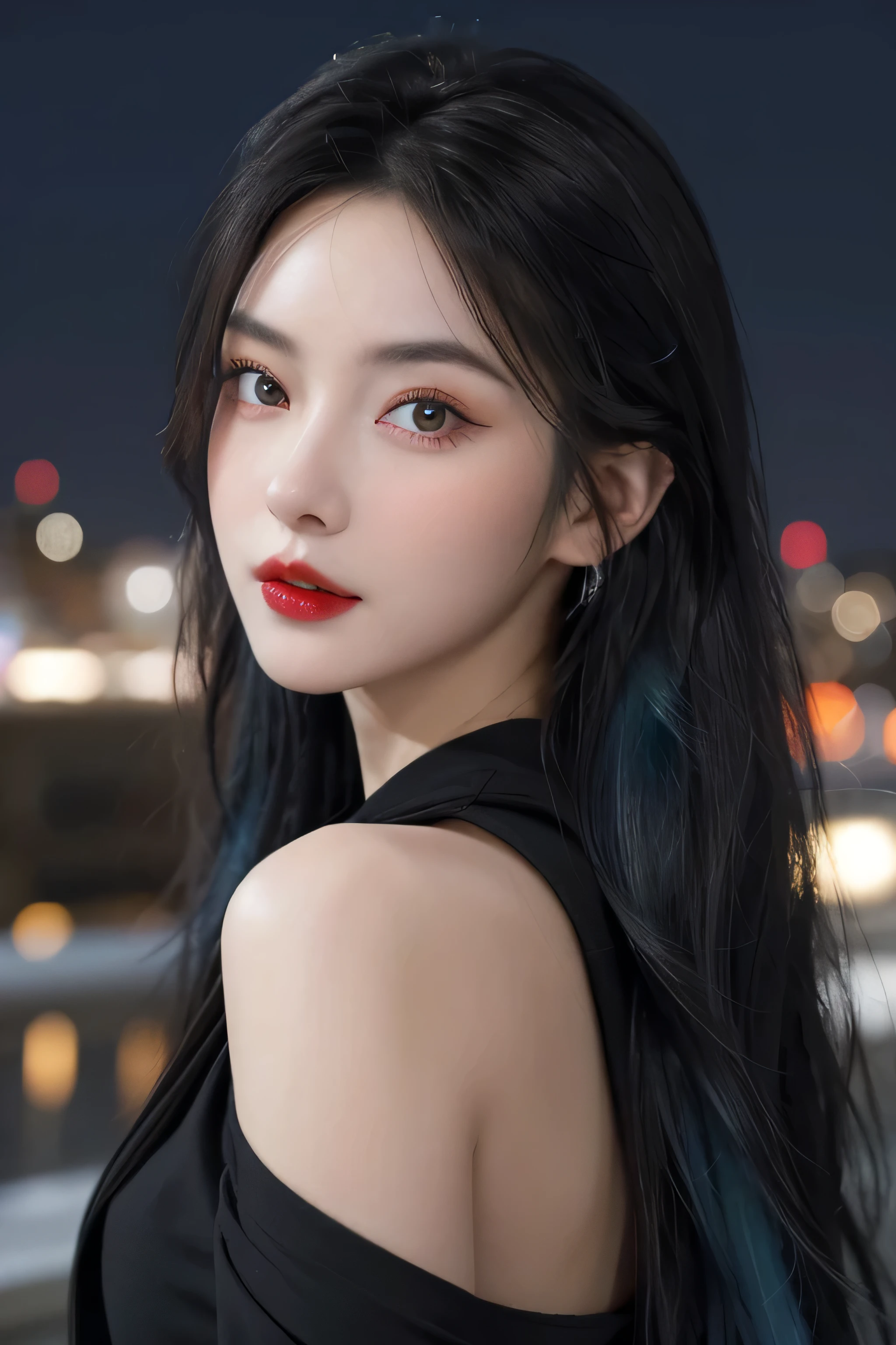 (masterpiece), best quality, 8K resolution, 3D, close shot, A beautiful girl in a black dress, Perfect body, ((Beautiful and delicate face)), black hair (messy), Exquisite makeup, red lips, Oil lips, long eyelashes, With silver earrings, big bright eyes, eye shadow, lying silkworm, Light, cute girl, masterpiece, high detail, color pictures, Light影细节, extremely exquisite beautiful girl, Soft and fair skin, Exquisite facial features, perfect face, stunning beauty, extreme details, realistic details, Fly over stunning cityscapes, hoodie, blue hair, neon shooting star, very long hair, Off-the-shoulder style, Feather hair ornaments, neon color, 闪Light, stunning night sky,black top,One word collar,whole body