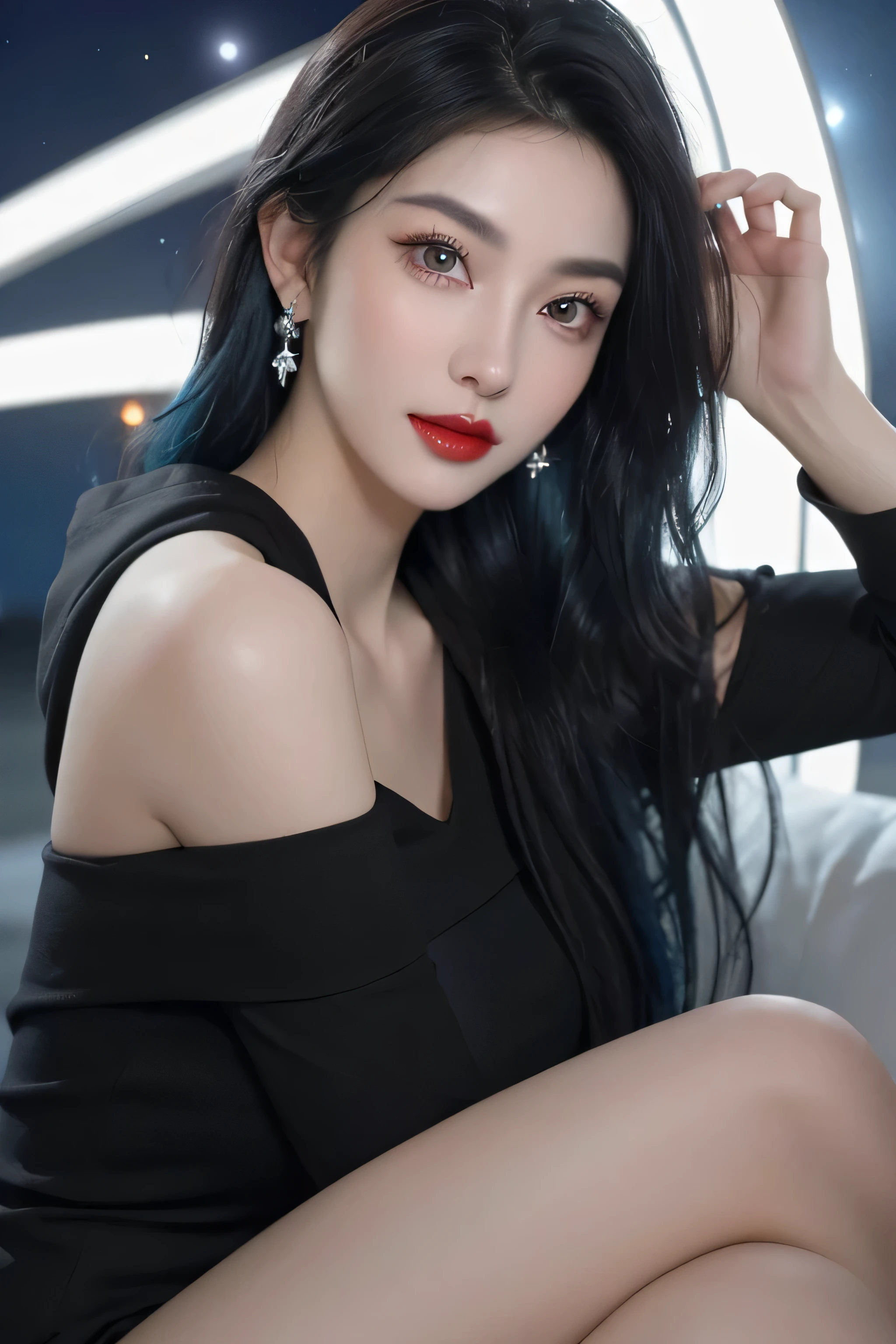 (masterpiece), best quality, 8K resolution, 3D, close shot, A beautiful girl in a black dress, Perfect body, ((Beautiful and delicate face)), black hair (messy), Exquisite makeup, red lips, Oil lips, long eyelashes, With silver earrings, big bright eyes, eye shadow, lying silkworm, Light, cute girl, masterpiece, high detail, color pictures, Light影细节, extremely exquisite beautiful girl, Soft and fair skin, Exquisite facial features, perfect face, stunning beauty, extreme details, realistic details, Fly over stunning cityscapes, hoodie, blue hair, neon shooting star, very long hair, Off-the-shoulder style, Feather hair ornaments, neon color, 闪Light, stunning night sky,black top，One word collar，whole body