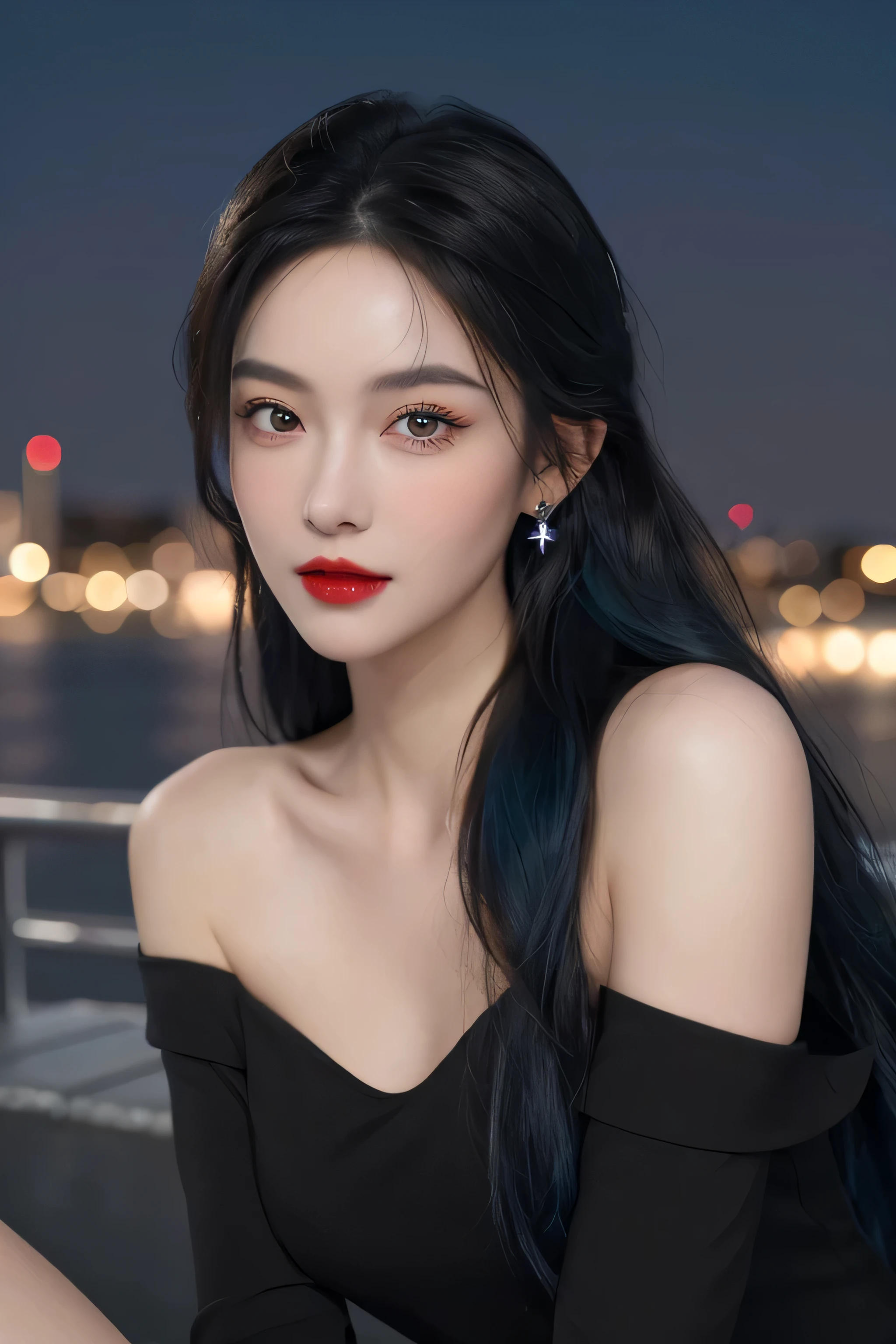 (masterpiece), best quality, 8K resolution, 3D, close shot, A beautiful girl in a black dress, Perfect body, ((Beautiful and delicate face)), black hair (messy), Exquisite makeup, red lips, Oil lips, long eyelashes, With silver earrings, big bright eyes, eye shadow, lying silkworm, Light, cute girl, masterpiece, high detail, color pictures, Light影细节, extremely exquisite beautiful girl, Soft and fair skin, Exquisite facial features, perfect face, stunning beauty, extreme details, realistic details, Fly over stunning cityscapes, hoodie, blue hair, neon shooting star, very long hair, Off-the-shoulder style, Feather hair ornaments, neon color, 闪Light, stunning night sky,black top,One word collar,whole body