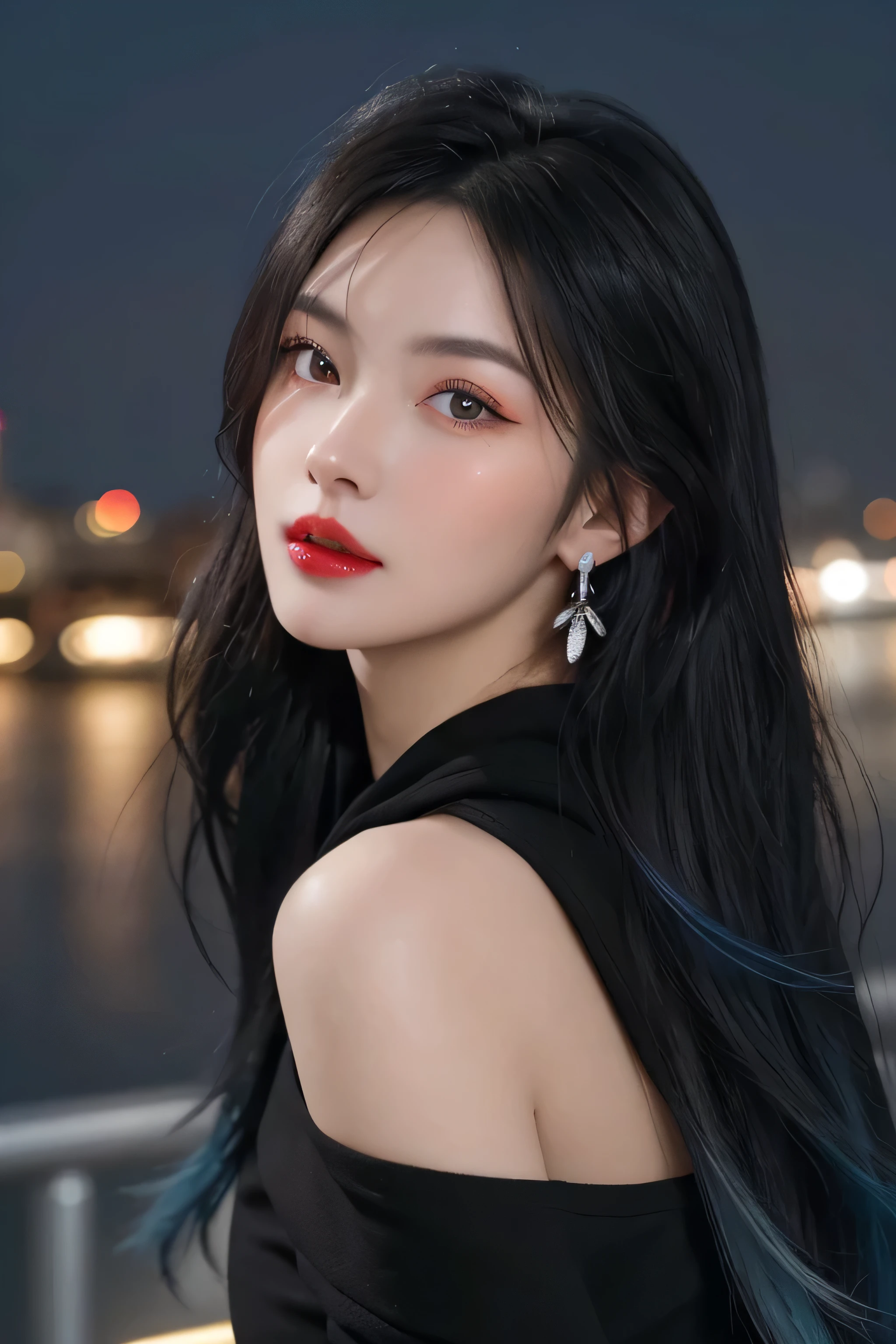 (masterpiece), best quality, 8K resolution, 3D, close shot, A beautiful girl in a black dress, Perfect body, ((Beautiful and delicate face)), black hair (messy), Exquisite makeup, red lips, Oil lips, long eyelashes, With silver earrings, big bright eyes, eye shadow, lying silkworm, Light, cute girl, masterpiece, high detail, color pictures, Light影细节, extremely exquisite beautiful girl, Soft and fair skin, Exquisite facial features, perfect face, stunning beauty, extreme details, realistic details, Fly over stunning cityscapes, hoodie, blue hair, neon shooting star, very long hair, Off-the-shoulder style, Feather hair ornaments, neon color, 闪Light, stunning night sky,black top，One word collar，whole body
