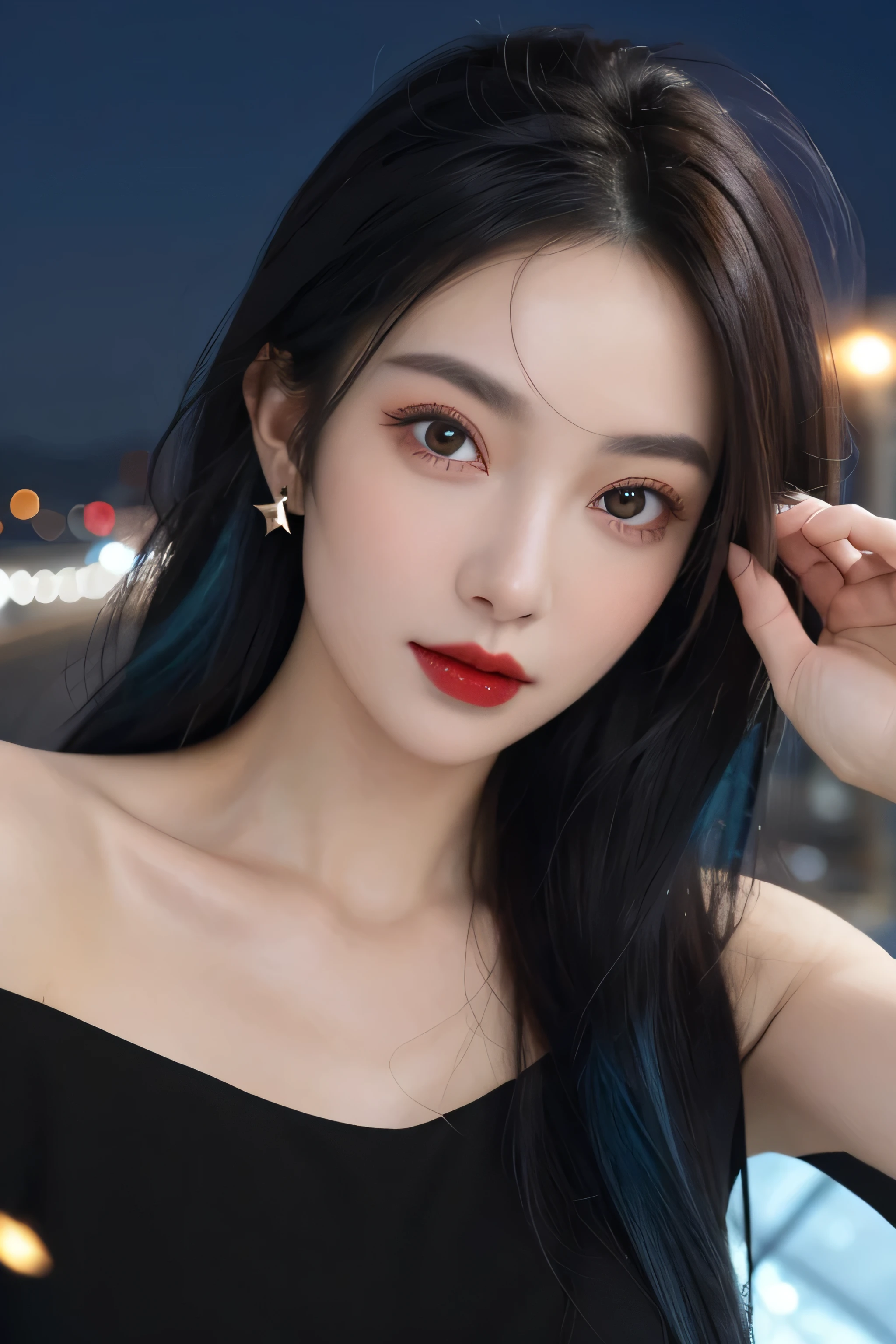 (masterpiece), best quality, 8K resolution, 3D, close shot, A beautiful girl in a black dress, Perfect body, ((Beautiful and delicate face)), black hair (messy), Exquisite makeup, red lips, Oil lips, long eyelashes, With silver earrings, big bright eyes, eye shadow, lying silkworm, Light, cute girl, masterpiece, high detail, color pictures, Light影细节, extremely exquisite beautiful girl, Soft and fair skin, Exquisite facial features, perfect face, stunning beauty, extreme details, realistic details, Fly over stunning cityscapes, hoodie, blue hair, neon shooting star, very long hair, Off-the-shoulder style, Feather hair ornaments, neon color, 闪Light, stunning night sky,black top,One word collar