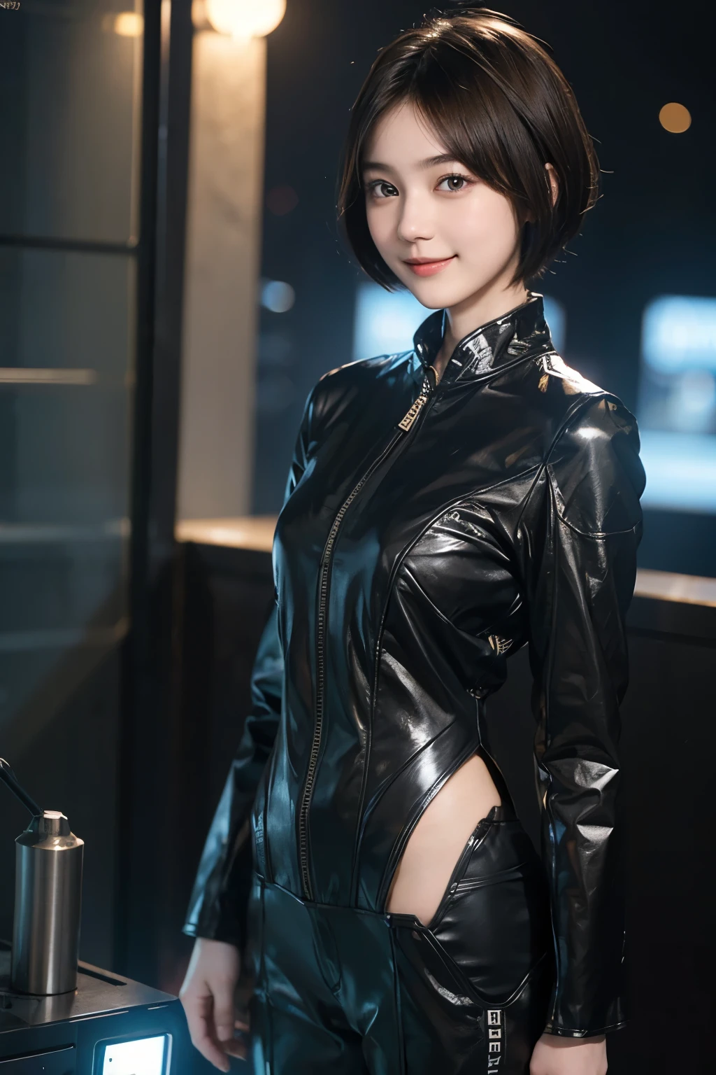 162
Shorthair, (a 20 yo woman, standing), A hyper-realistic, gentle smile, sci-fi cool suit, (口紅)