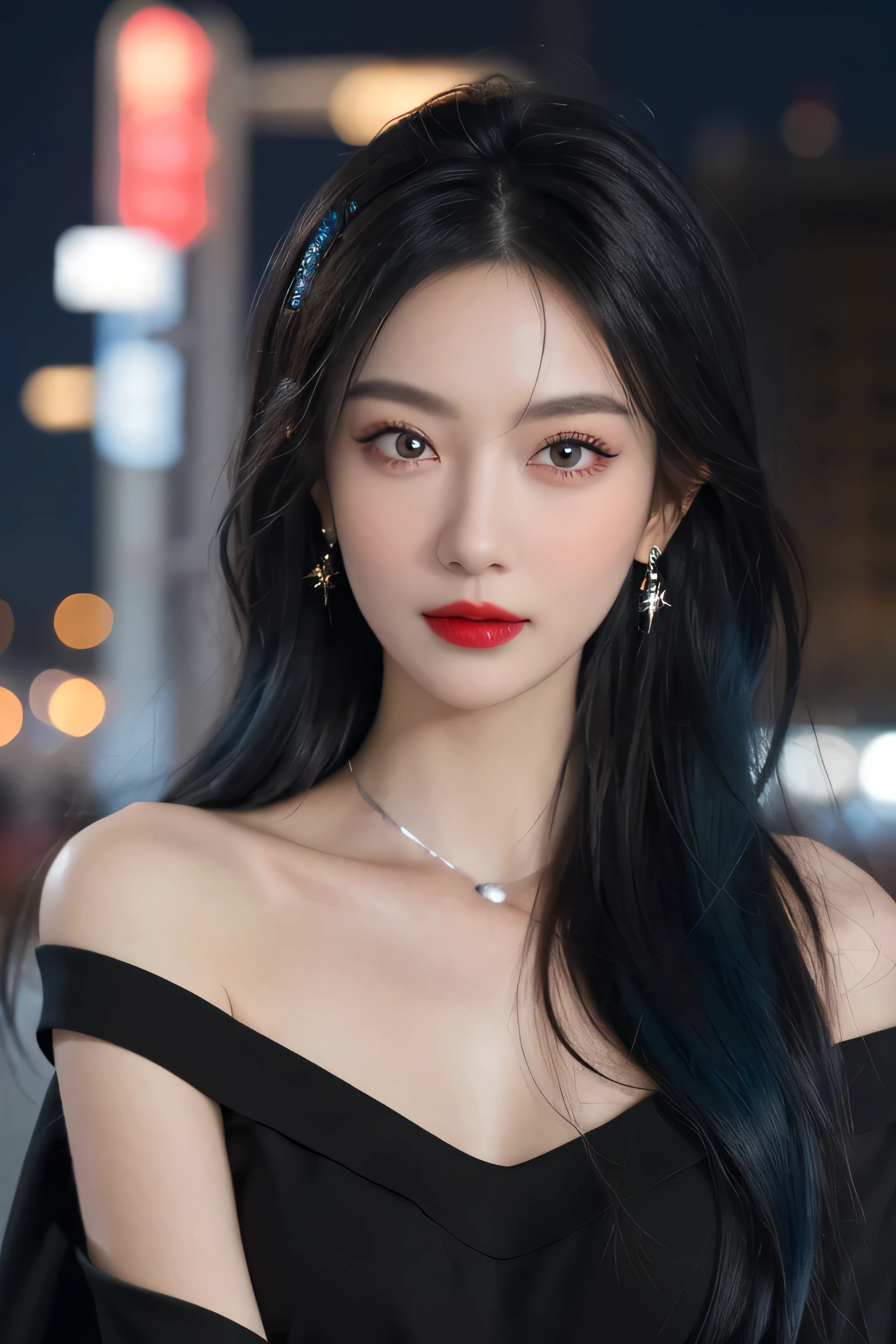 (masterpiece), best quality, 8K resolution, 3D, close shot, A beautiful girl in a black dress, Perfect body, ((Beautiful and delicate face)), black hair (messy), Exquisite makeup, red lips, Oil lips, long eyelashes, With silver earrings, big bright eyes, eye shadow, lying silkworm, Light, cute girl, masterpiece, high detail, color pictures, Light影细节, extremely exquisite beautiful girl, Soft and fair skin, Exquisite facial features, perfect face, stunning beauty, extreme details, realistic details, Fly over stunning cityscapes, hoodie, blue hair, neon shooting star, very long hair, Off-the-shoulder style, Feather hair ornaments, neon color, 闪Light, stunning night sky,black top,One word collar