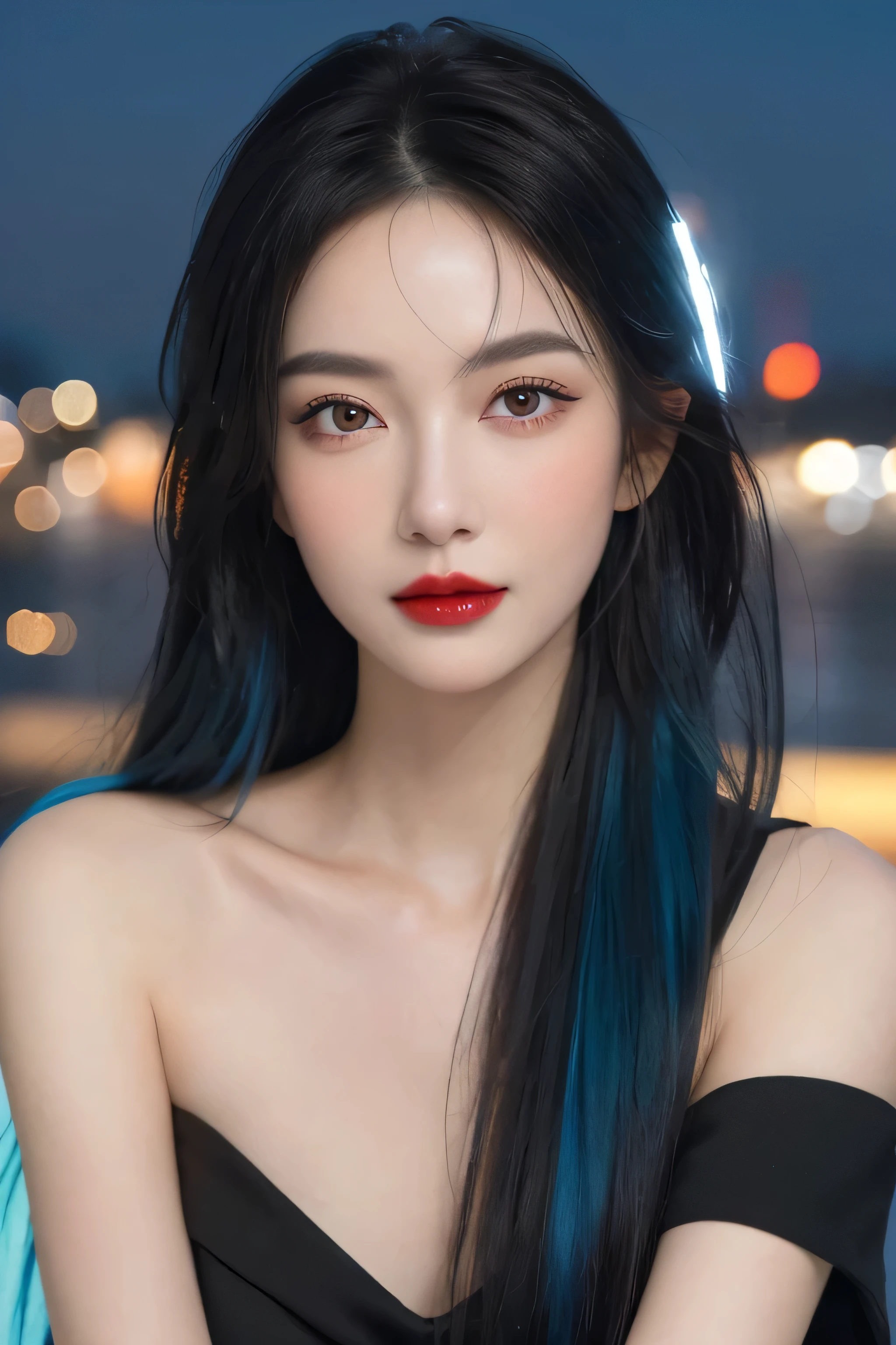 (masterpiece), best quality, 8K resolution, 3D, close shot, A beautiful girl in a black dress, Perfect body, ((Beautiful and delicate face)), (Upper body: 1.3), black hair (messy), Exquisite makeup, red lips, Oil lips, long eyelashes, With silver earrings, big bright eyes, eye shadow, lying silkworm, Light, cute girl, masterpiece, high detail, color pictures, Light影细节, extremely exquisite beautiful girl, Soft and fair skin, Exquisite facial features, perfect face, stunning beauty, extreme details, realistic details, Fly over stunning cityscapes, hoodie, blue hair, neon shooting star, very long hair, Off-the-shoulder style, Feather hair ornaments, neon color, 闪Light, stunning night sky,black top，One word collar