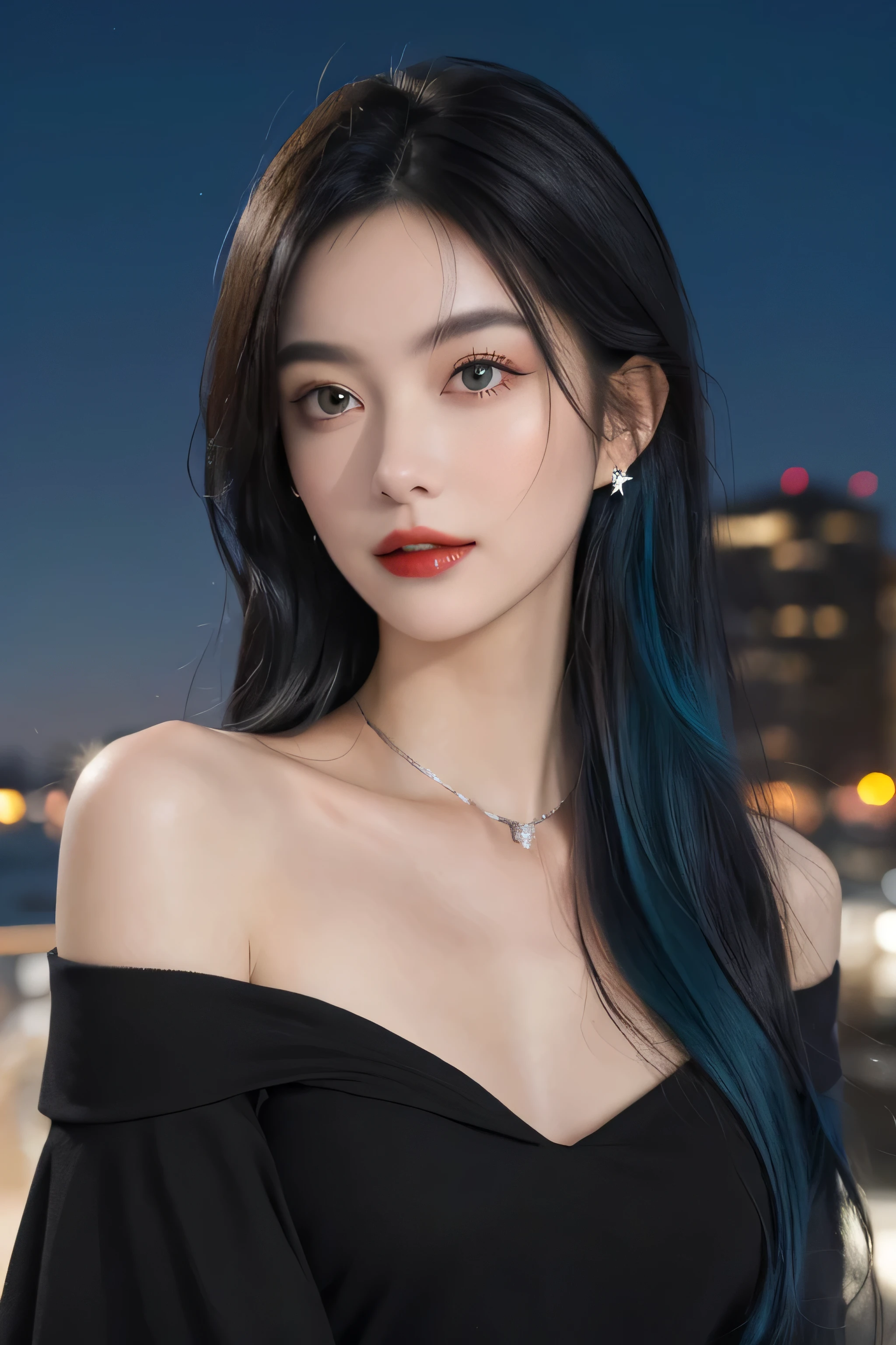 (masterpiece), best quality, 8K resolution, 3D, close shot, A beautiful girl in a black dress, Perfect body, ((Beautiful and delicate face)), (Upper body: 1.3), black hair (messy), Exquisite makeup, red lips, Oil lips, long eyelashes, With silver earrings, big bright eyes, eye shadow, lying silkworm, Light, cute girl, masterpiece, high detail, color pictures, Light影细节, extremely exquisite beautiful girl, Soft and fair skin, Exquisite facial features, perfect face, stunning beauty, extreme details, realistic details, Fly over stunning cityscapes, hoodie, blue hair, neon shooting star, very long hair, Off-the-shoulder style, Feather hair ornaments, neon color, 闪Light, stunning night sky,black top,One word collar