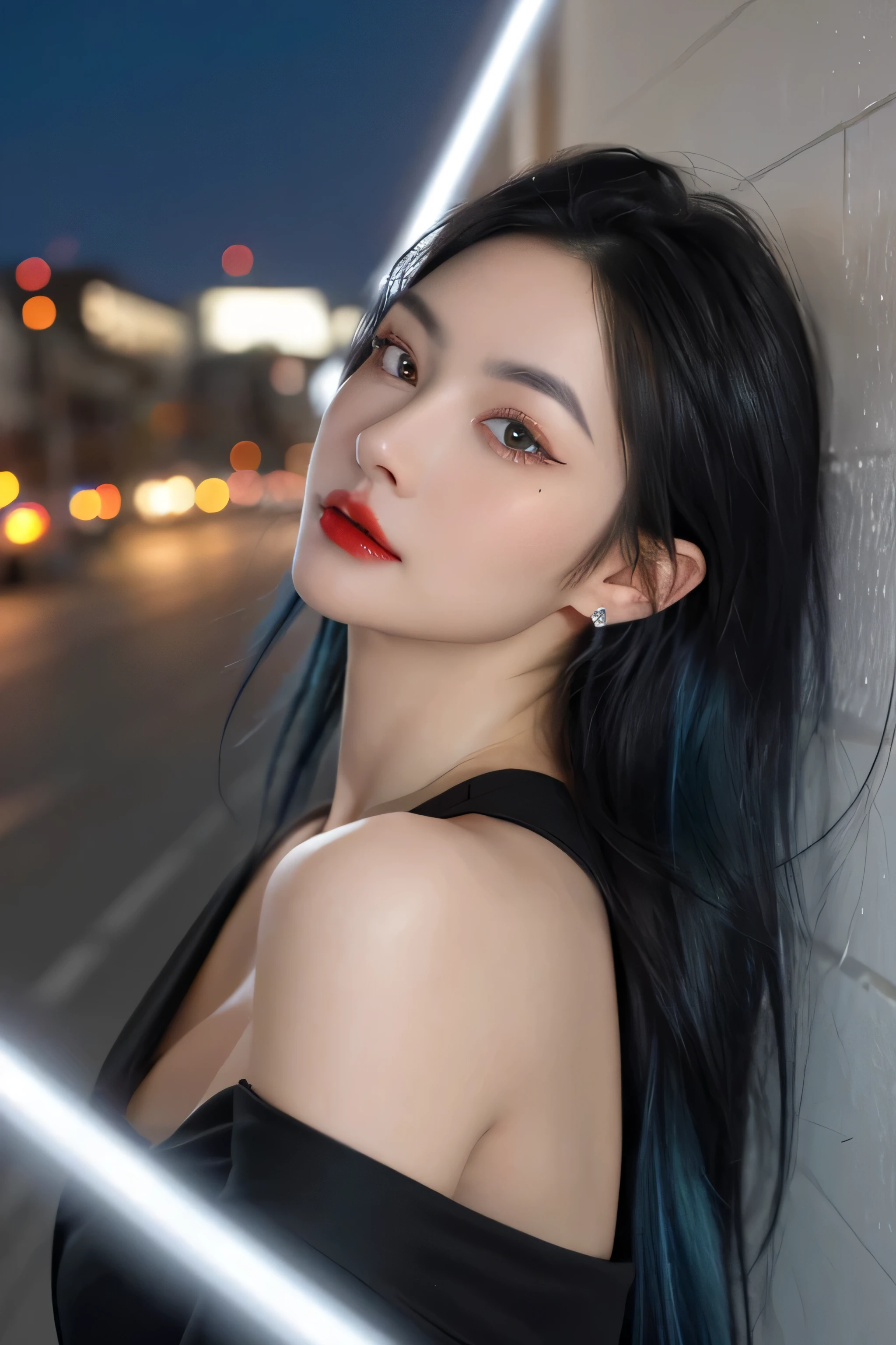 (masterpiece), best quality, 8K resolution, 3D, close shot, A beautiful girl in a black dress, Perfect body, ((Beautiful and delicate face)), (Upper body: 1.3), black hair (messy), Exquisite makeup, red lips, Oil lips, long eyelashes, With silver earrings, big bright eyes, eye shadow, lying silkworm, Light, cute girl, masterpiece, high detail, color pictures, Light影细节, extremely exquisite beautiful girl, Soft and fair skin, Exquisite facial features, perfect face, stunning beauty, extreme details, realistic details, Fly over stunning cityscapes, hoodie, blue hair, neon shooting star, very long hair, Off-the-shoulder style, Feather hair ornaments, neon color, 闪Light, stunning night sky,black top,One word collar