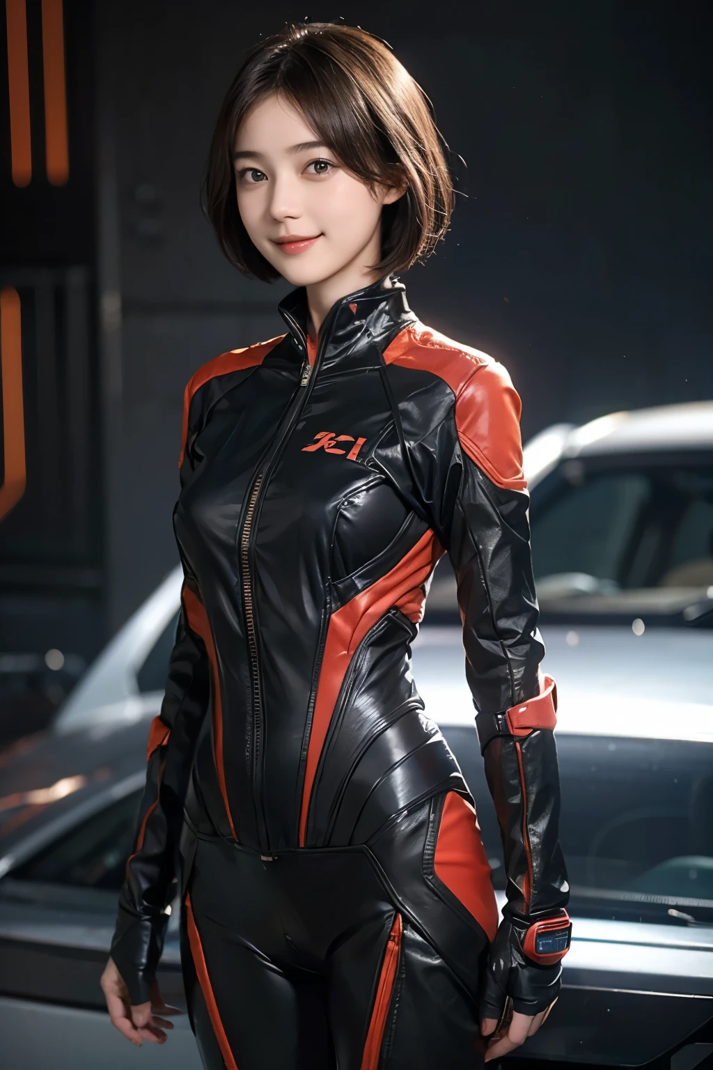 162
Shorthair, (a 20 yo woman, standing), A hyper-realistic, gentle smile, sci-fi cool suit, (口紅)
