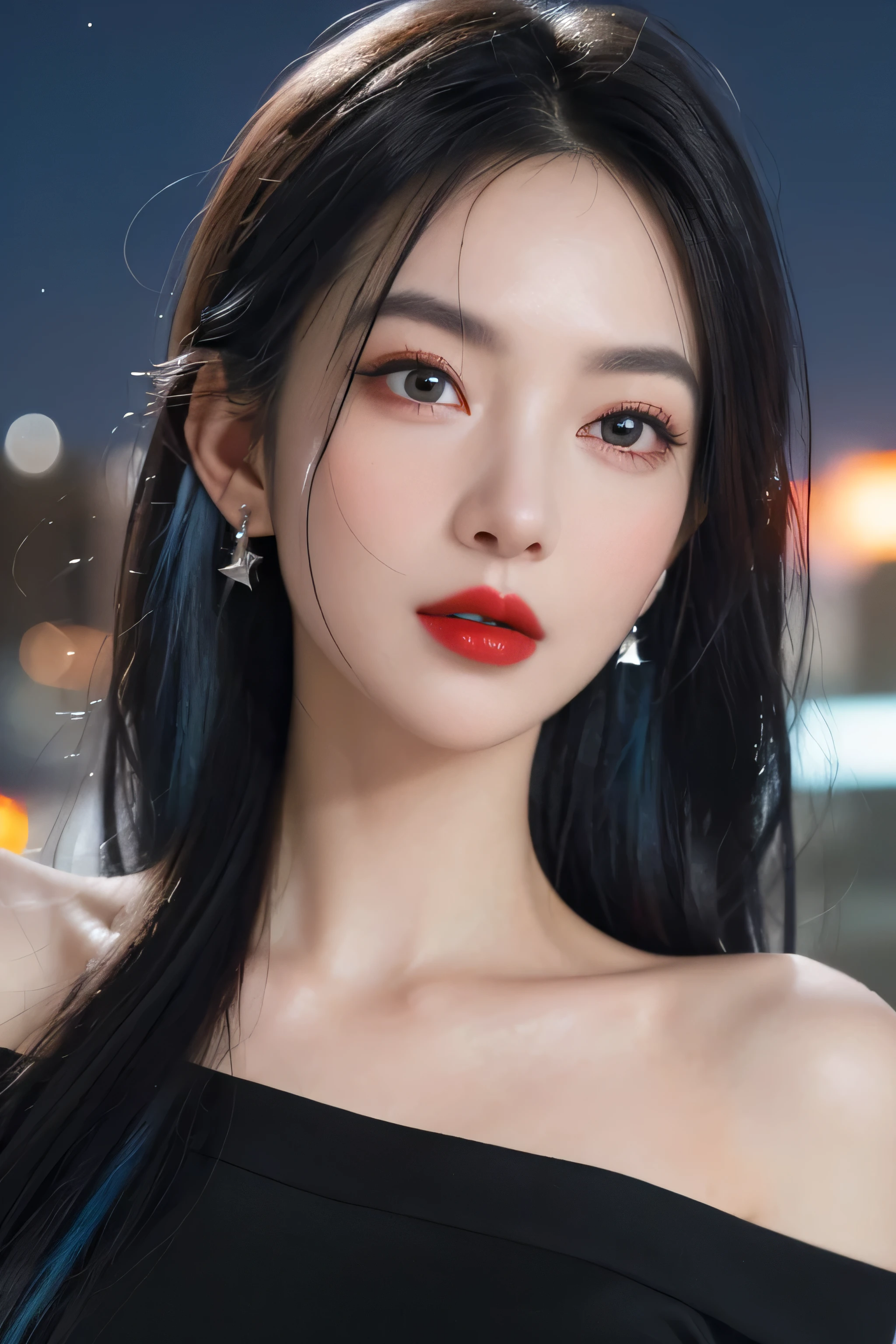 (masterpiece), best quality, 8K resolution, 3D, close shot, A beautiful girl in a black dress, Perfect body, ((Beautiful and delicate face)), (Upper body: 1.3), black hair (messy), Exquisite makeup, red lips, Oil lips, long eyelashes, With silver earrings, big bright eyes, eye shadow, lying silkworm, Light, cute girl, masterpiece, high detail, color pictures, Light影细节, extremely exquisite beautiful girl, Soft and fair skin, Exquisite facial features, perfect face, stunning beauty, extreme details, realistic details, Fly over stunning cityscapes, hoodie, blue hair, neon shooting star, very long hair, Off-the-shoulder style, Feather hair ornaments, neon color, 闪Light, stunning night sky,