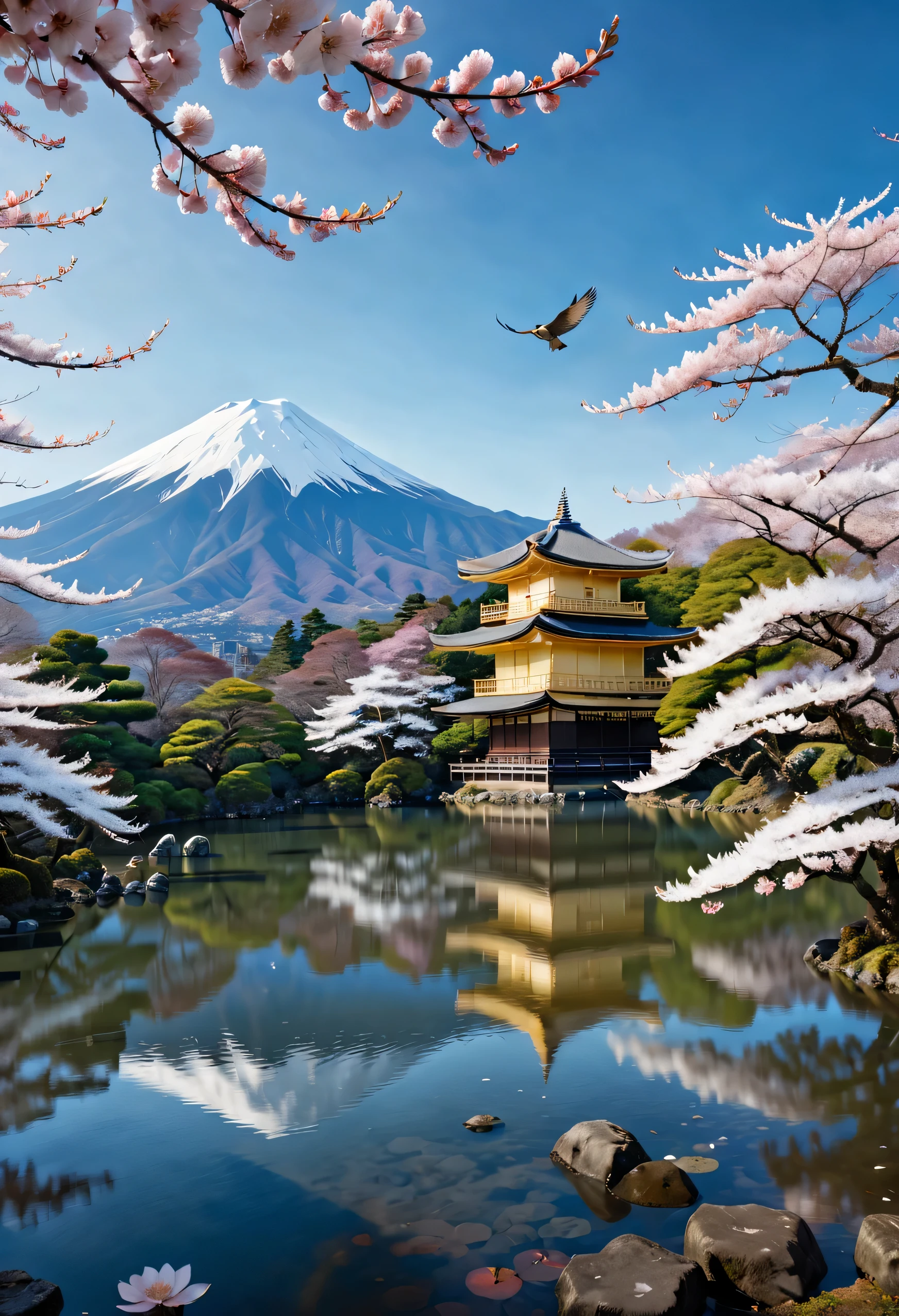 Double-roofed Kinkaku-ji Temple、shore of a small pond、cherry blossom in full bloom、1 Mt. Snow-capped Mt. Fuji in the center of the background、、blue sky and white clouds、hawk is flying in the sky、dream-like、perfect lighting、sharp focus、high detail、High level image quality、High color rendering、High resolution、surreal、realistic