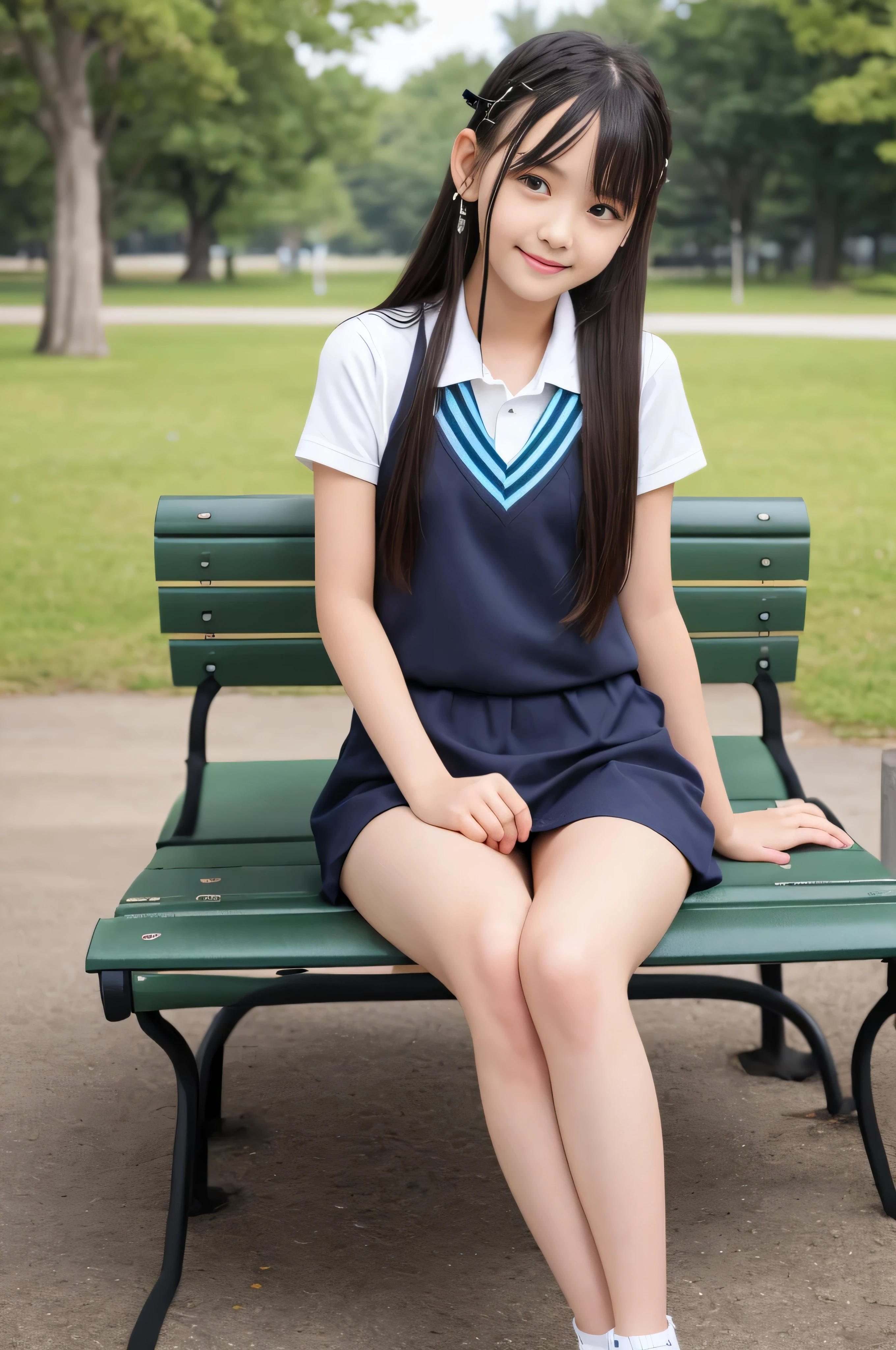 master piece, Best Quality,( Japan girl:1.5),(Looks like you're about to cry:1.3) ,(M-shaped legs spread on a park bench:1.8),(Summer clothes and hairpins for junior high  girls:1.8),eyes,(Small:1.7),(Smooth straight hair:1.5),(Slender body,Skinny Legs),A detailed eye,Very white skin,Letting down your bangs,Detailed body,Detailed hand,No makeup, Smile,