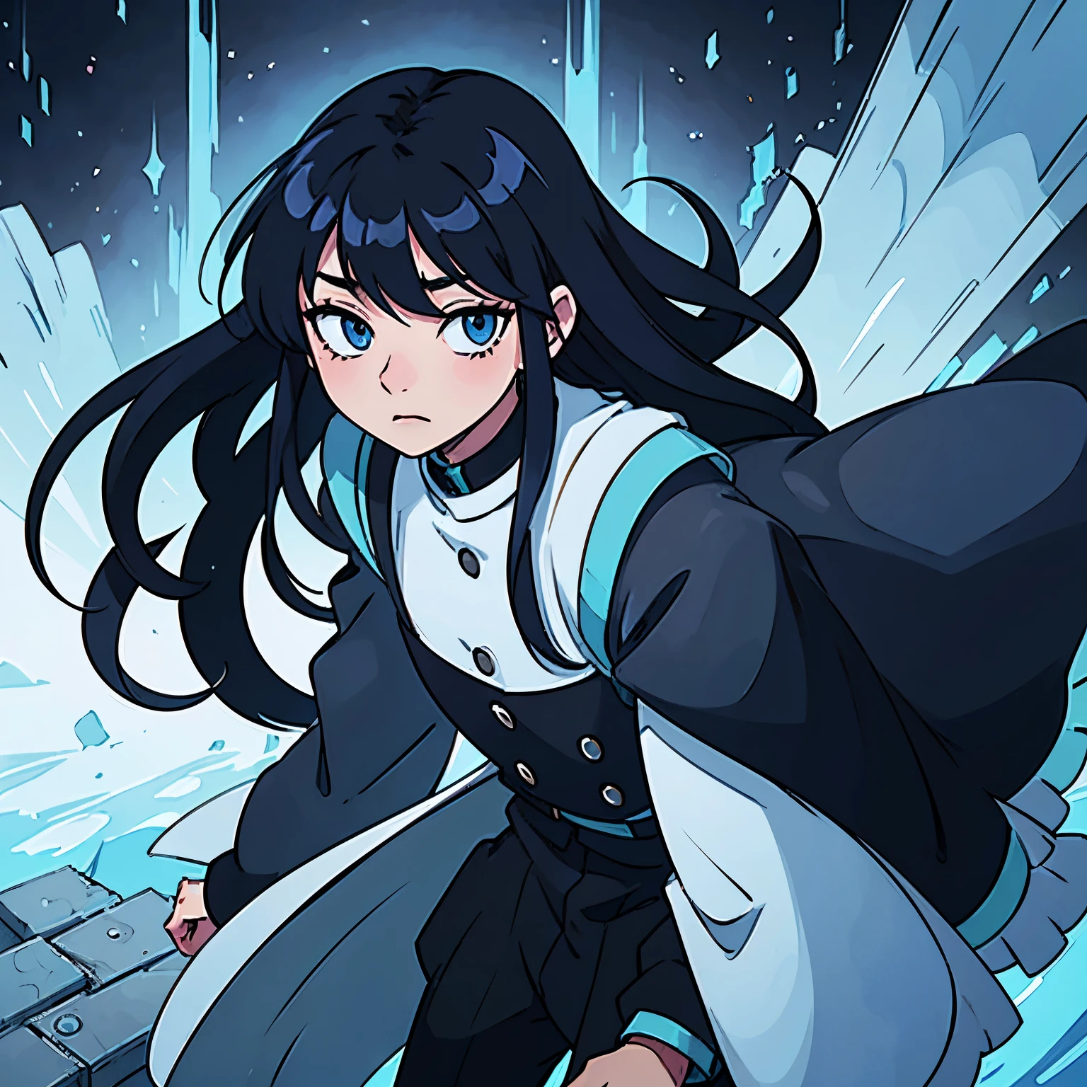 Muichiro tokito has long black fluffy hair with blue dye and bangs with blue eyes has an emotionaless expression and has an oversized demon slayer uniform wnd he is a boy