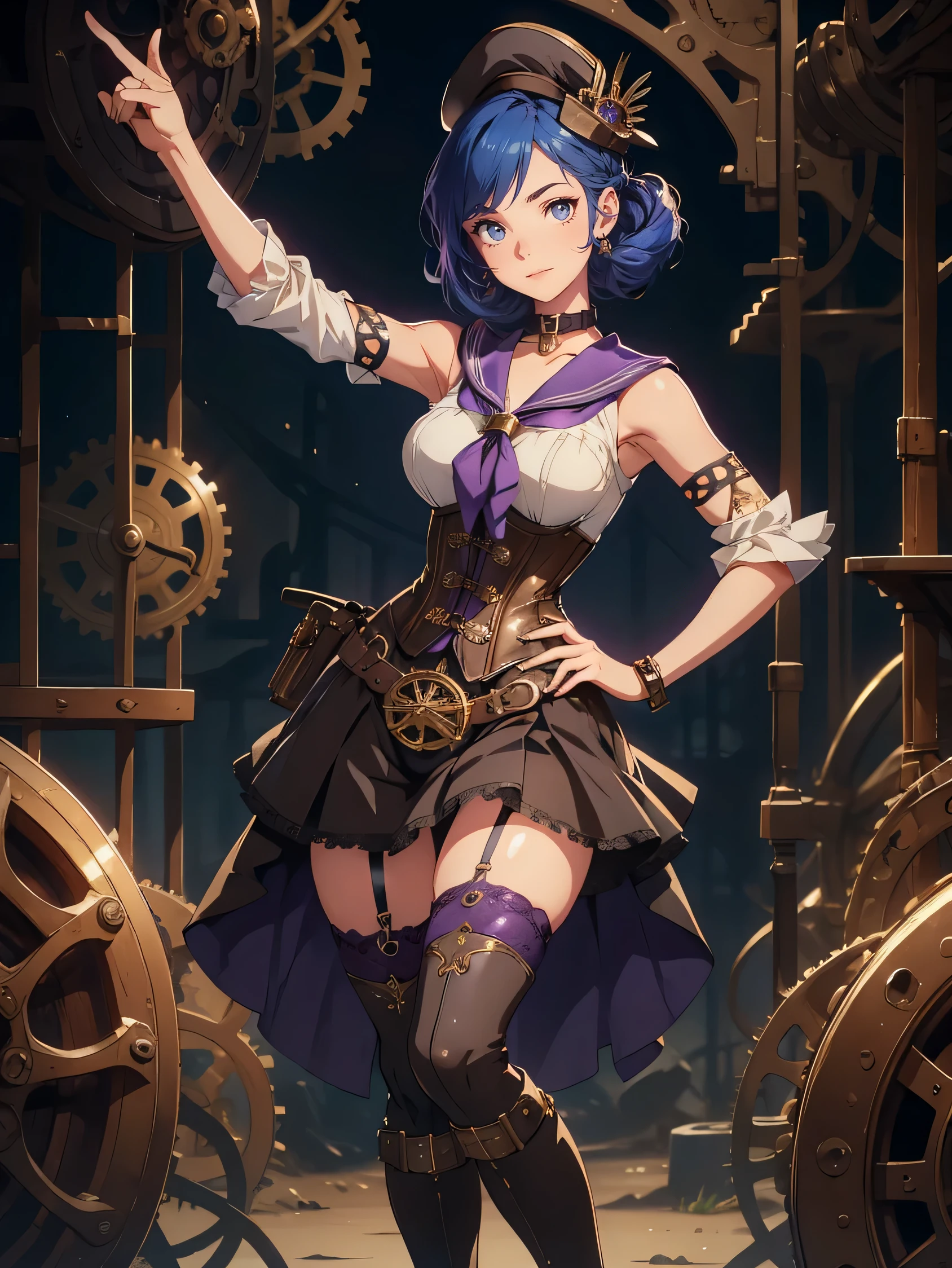 masterpiece, high quality, illustration, extremely detailed, steampunk town, standing, 1_women, (full body), (bright blue hair), medium length hair, cute bangs, flowing hair, (exotic skin_complexion:1.4),mature, tall, (hand on hip), (pointing up), beautiful, exotic, elegant, slim, (((sailor collar))), sleeveless, black thigh highs, choker, medium bust, (brown steampunk corset), black ****ta style skirt, knee high brown boots with laces, black elegant elbow gloves, diamond shaped eyes, (((purple eyes))), dark_eyeliner, long_eyelashes), natural dynamic lighting, smiling, happy, steampunk