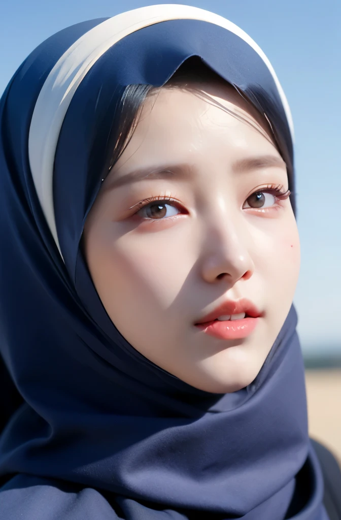 Wear hijab blue collor, ((Best quality, 8k, Masterpiece :1.37)), position:sitting, face looking at the camera holding a smart phone, ( women in hijab), women in hijab blue, style model, ( women in hijab), beautiful face, Beautiful detailed eyes, Korean eyes, nose detail, Natural Lips, 18 year old girl, black hair, very detailed face, ultra detailed body, slim body, detailed big breasts, detailed hairy vagina, Wearing Muslim hijab , luxurious jubba thobbe, blue sky view, slim body, realistic face, women wearing hijabs, smiling face