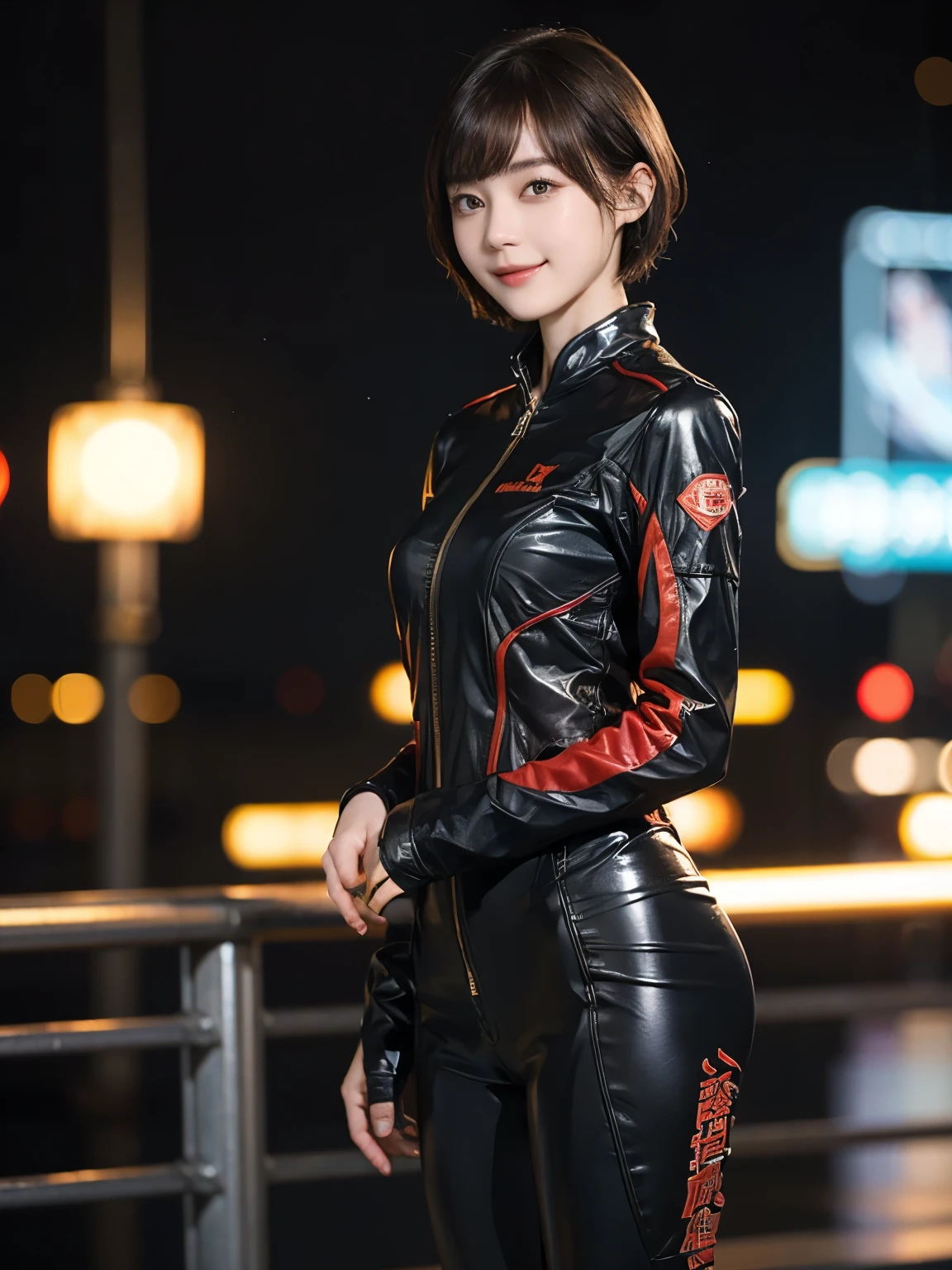 162
Shorthair, (a 20 yo woman, standing), A hyper-realistic, gentle smile, sci-fi cool suit, (口紅)