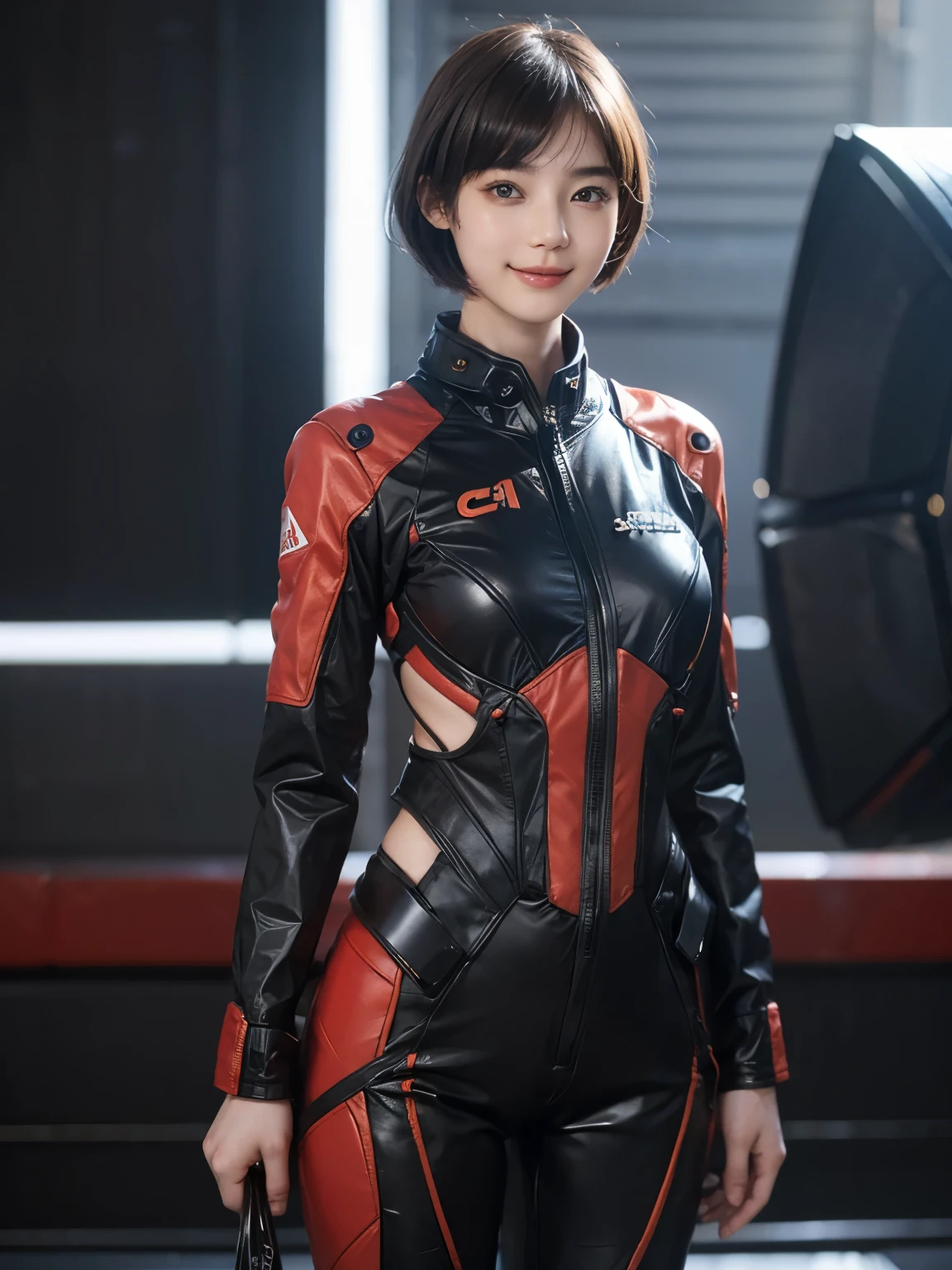 162
Shorthair, (a 20 yo woman, standing), A hyper-realistic, gentle smile, sci-fi cool suit, (口紅)