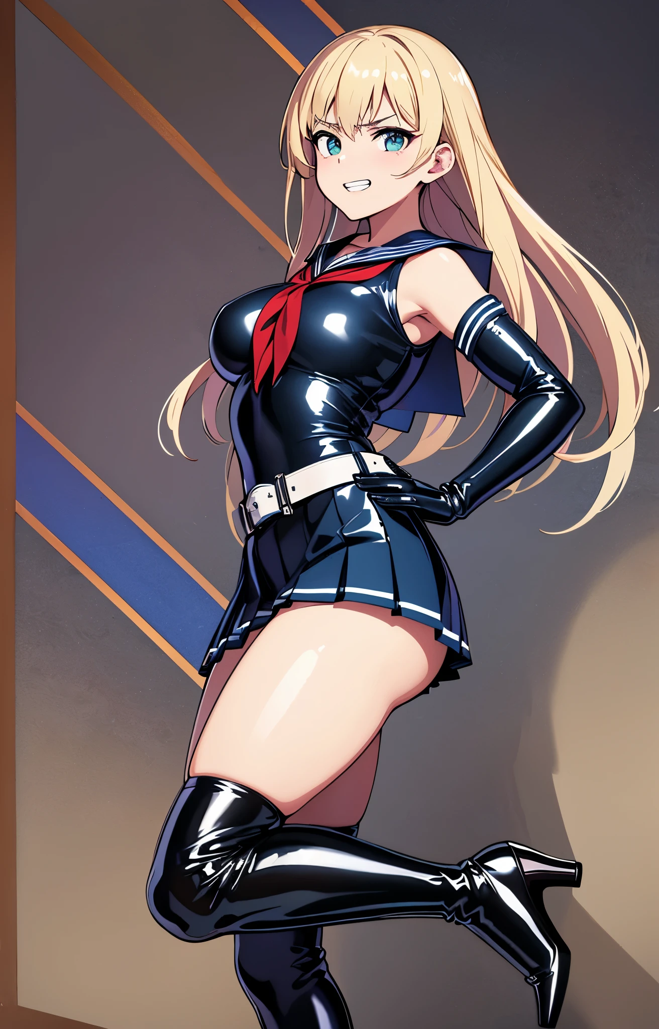 official art, Mistress、Highly detailed CG Unity 8K wallpaper, highest quality, masterpiece, High resolution,shiny latex thigh-high boots, Blonde straight long hair, brown belt, leather shoulder bag、latex gloves, (shiny latex sailor suit:1.6)、(Latex School Uniform)、(shiny latex pleated skirt:1.6)、 Leather texture, full body photo, melon face, small face, (big breasts)、(Get angry)、(grinning grin)、(latex high heels)、tread on、kicking