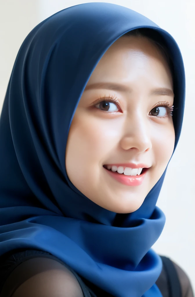 Wear hijab blue collor, ((Best quality, 8k, Masterpiece :1.37)), position:sitting, face looking at the camera holding a smart phone, ( women in hijab), women in hijab blue, style model, ( women in hijab), beautiful face, Beautiful detailed eyes, Korean eyes, nose detail, Natural Lips, 18 year old girl, black hair, very detailed face, ultra detailed body, slim body, detailed big breasts, detailed hairy vagina, Wearing Muslim hijab , luxurious jubba thobbe, blue sky view, slim body, realistic face, women wearing hijabs, smiling face