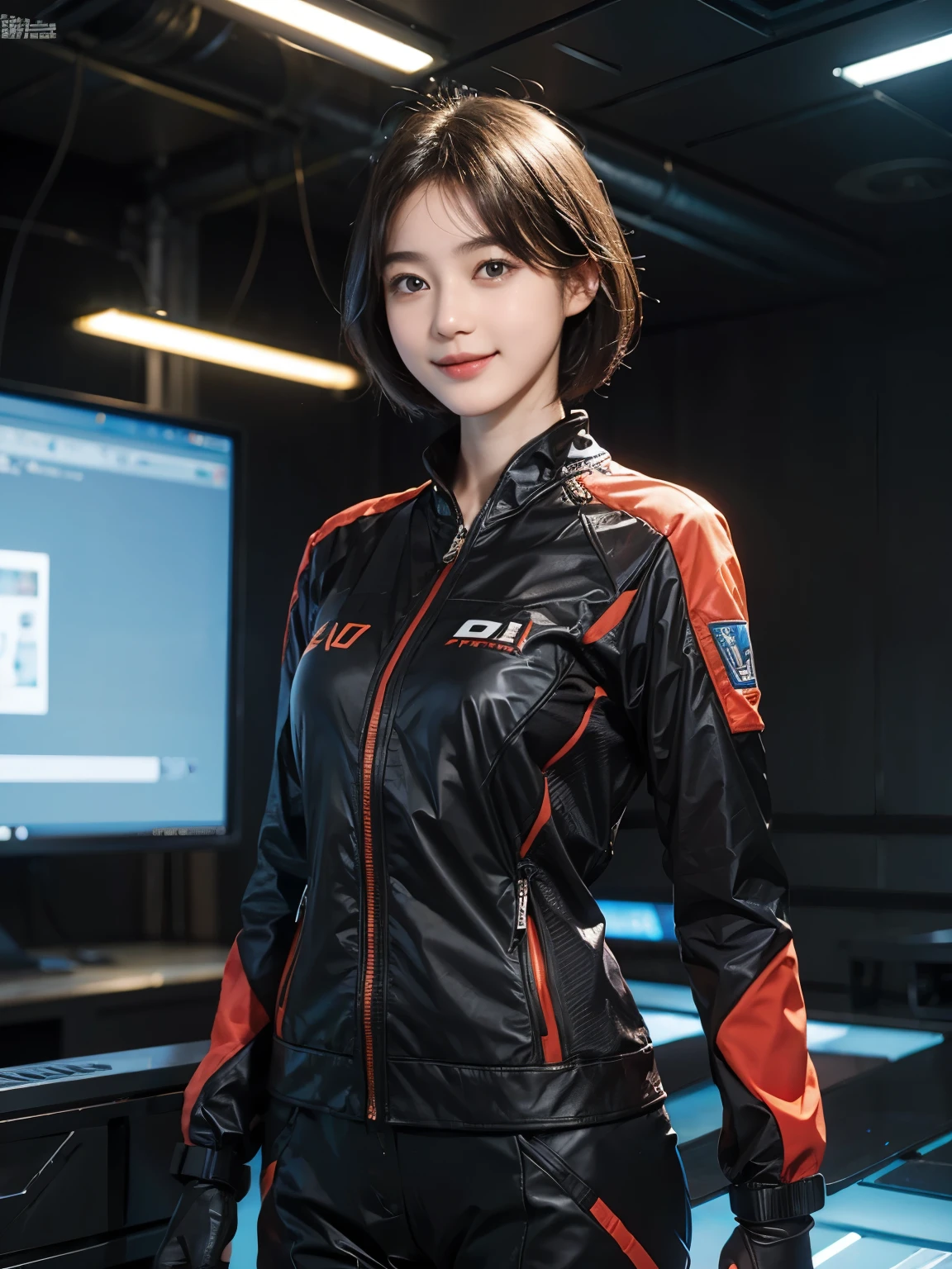 162
Shorthair,  (a 20 yo woman, standing), A hyper-realistic, gentle smile, sci-fi cool suit, (口紅)
