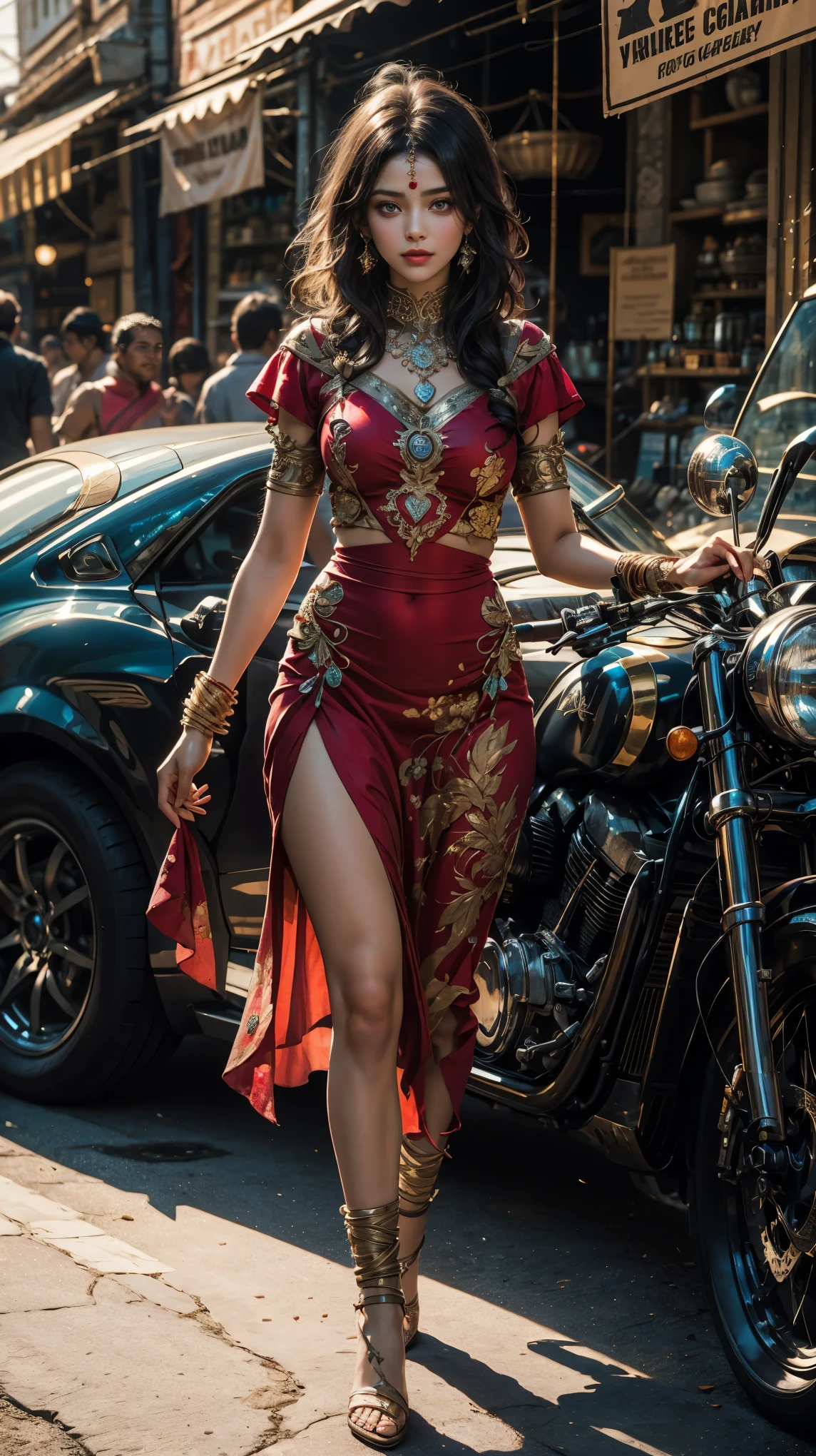 full body circa 1800 fairy tale movie scene beautiful Indian princess in bright colorful airy dress walking in an Indian market long black hair realistic skin texture vivid colors meticulously crafted textures romantic oriental feel cinematic