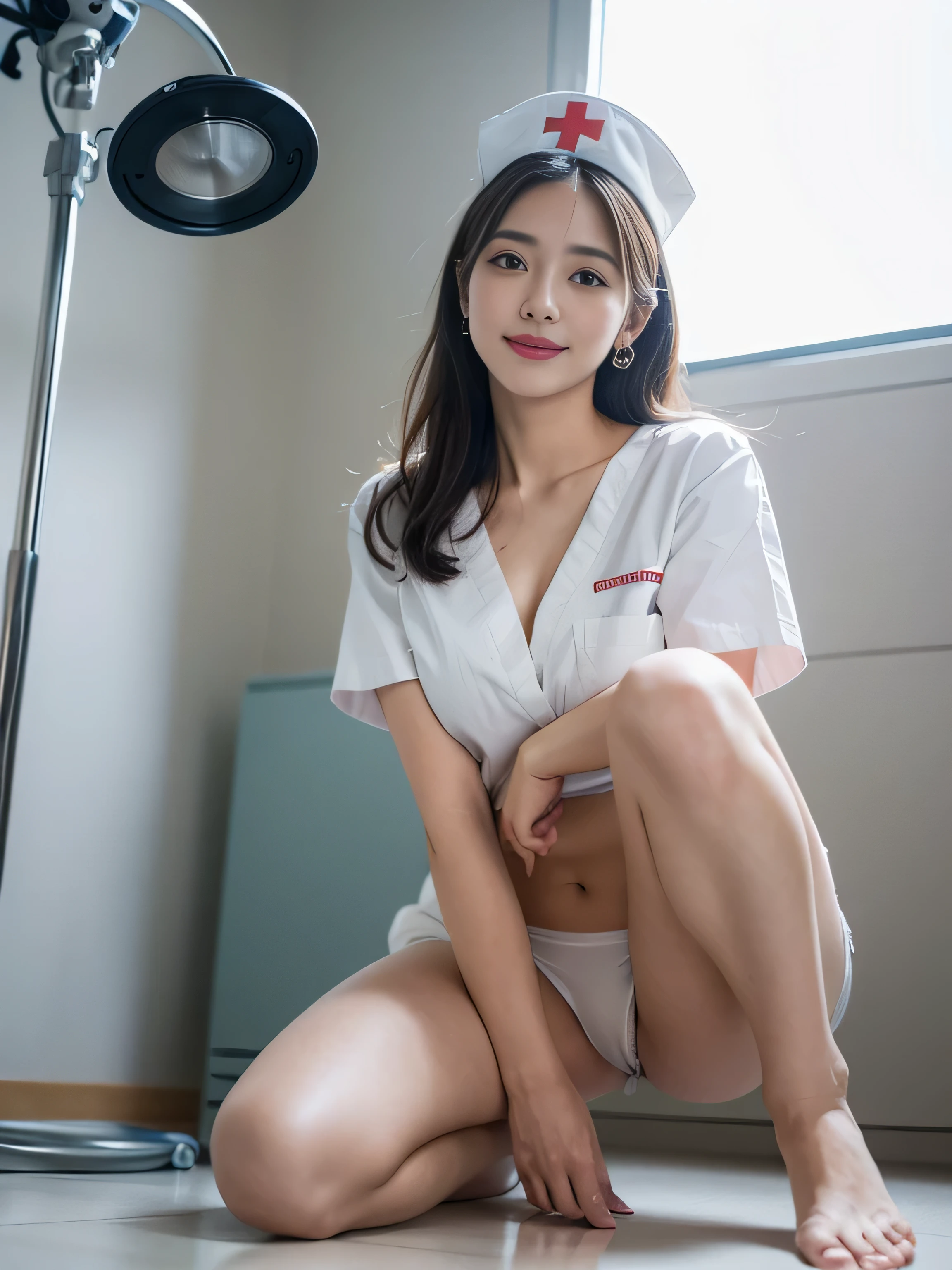 (master piece:1.2),(8k high resolution), (highest quality), (RAW image quality), (It's photorealistic:1.37), ,large eyes,long eyelashes,It's exquisite,(Live-action realistic style),ultimate face,Photorealistic light and shadow,clear facial features,milky white skin,fair skin, glossy skin, high detail skin,realistic skin details,visible pores,(super detail),(The length of the hair is short), ,best portrait,(Photographed from a distance), 1- Female,beautiful detailed eyes, beautiful detailed nose, highly detailed skin,,(Beautiful face with double eyelids), (Realism: 1.4),(full body image), excellent detail, super high resolution,red lip,earrings ,delicate and beautiful face,,25 year old adult woman,(beautiful face 1.4),slender,( Pure white panties exposed),((Photographed inside a hospital operating room)),(open your legs and show your panties), (wear a nurse's uniform,Nurse uniform color is random),very beautiful nurse,,(Sitting),,(panties exposed),cleavage exposure,(smiling with mouth closed),(Make eye contact with viewers,you are smiling),wearing a nurse cap,(The inside of the hospital is white and bright.),Raise your knees and open your legs,(I'll put my hands behind you)