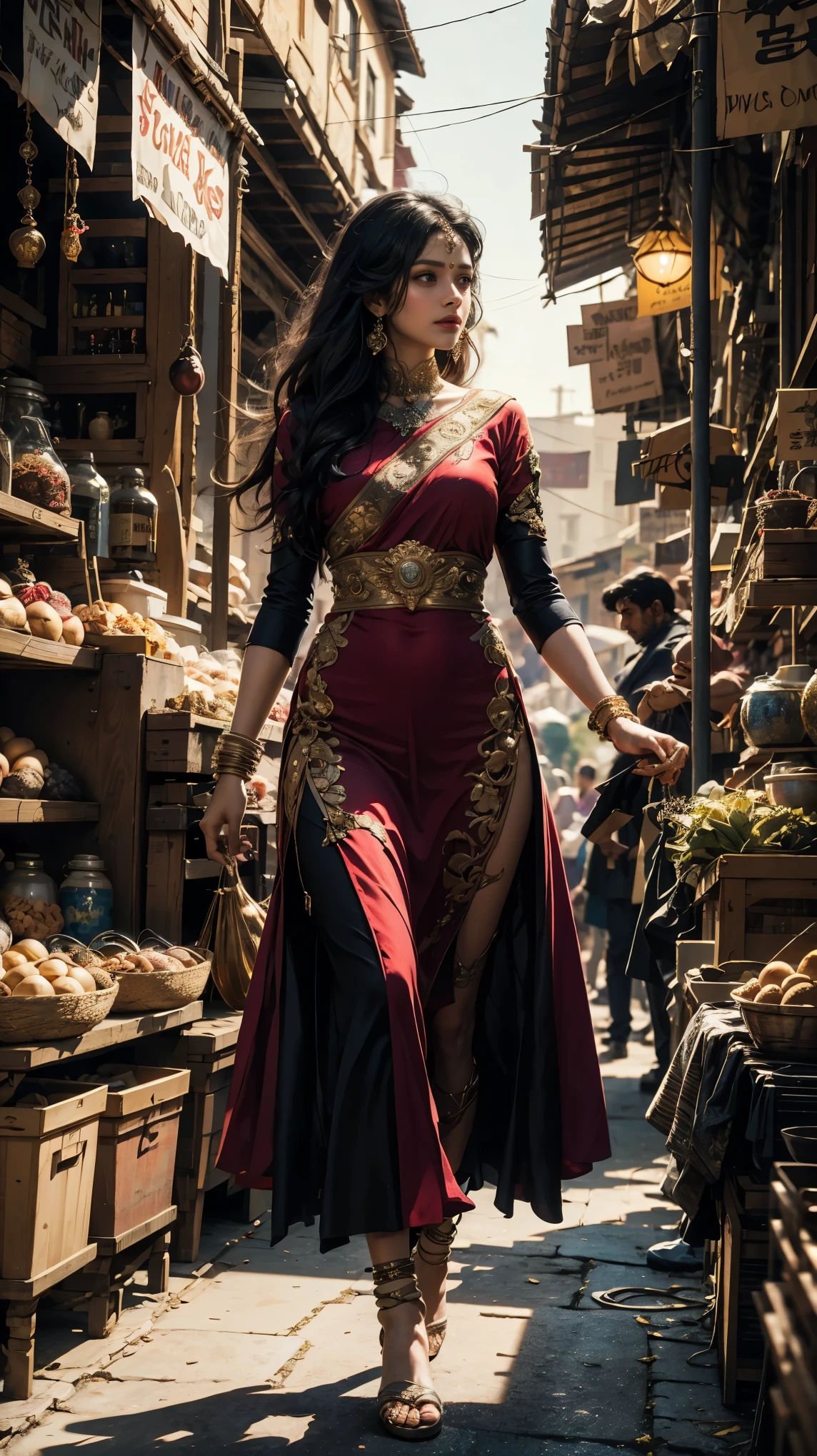 full body circa 1800 fairy tale movie scene beautiful Indian princess in bright colorful airy dress walking in an Indian market long black hair realistic skin texture vivid colors meticulously crafted textures romantic oriental feel cinematic