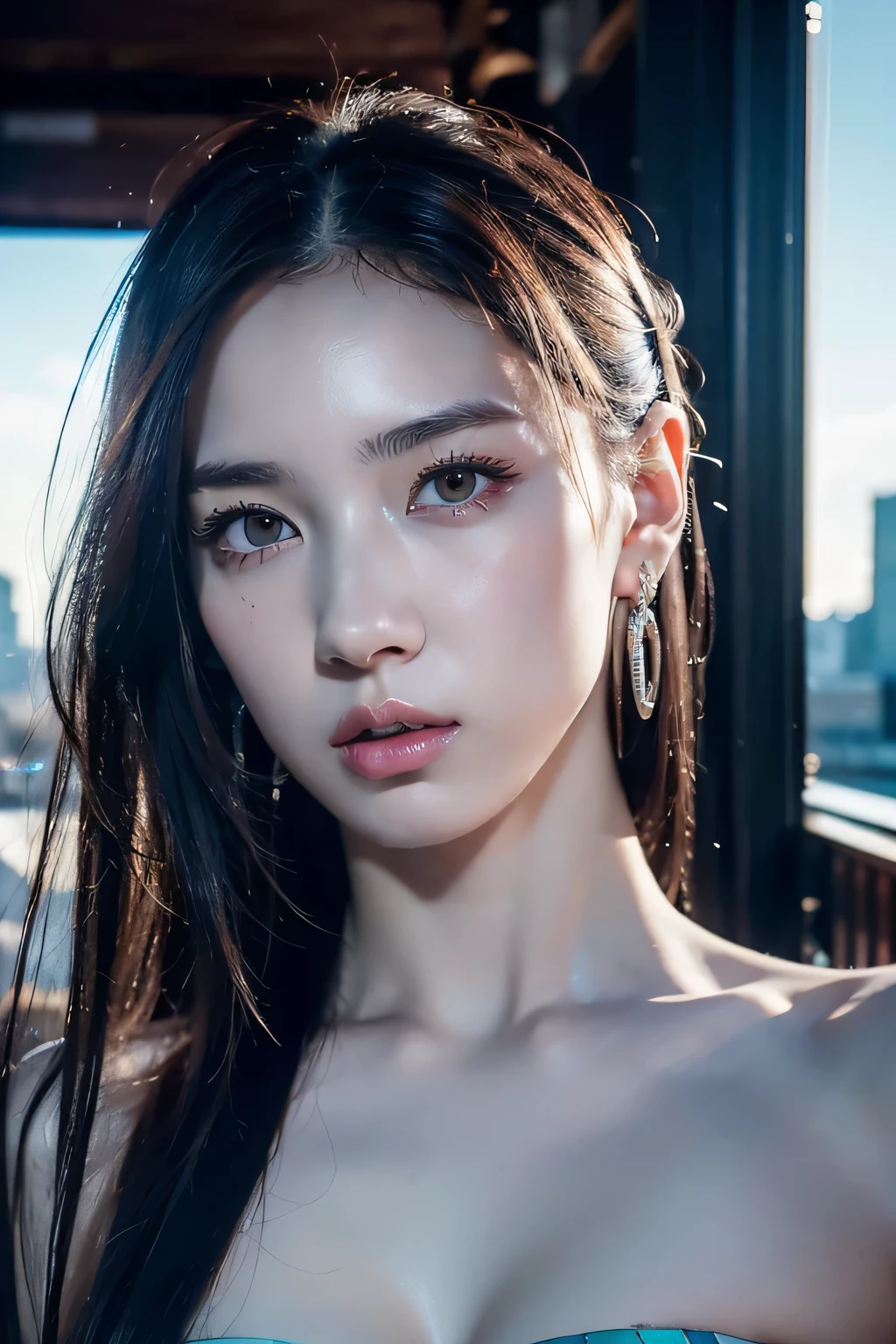 8k、High resolution、punk fashion、beautiful girl、slender body、young、colorful costumes、white skin、piercing on face,narrow eyes、london cityscape,high nose,lighting that illuminates the face、clear image、intellectual beauty、Eyes staring straight ahead、skinny、no makeup