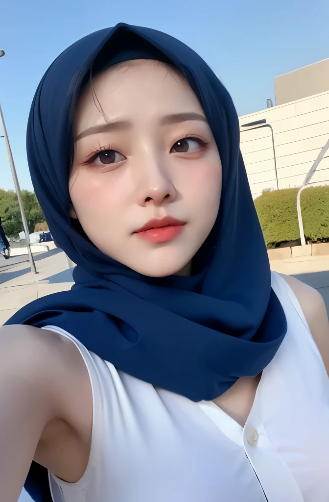 Wear hijab blue collor, ((Best quality, 8k, Masterpiece :1.37)), position:sitting, face looking at the camera holding a smart phone, ( women in hijab), women in hijab blue, style model, ( women in hijab), beautiful face, Beautiful detailed eyes, Korean eyes, nose detail, Natural Lips, 18 year old girl, black hair, very detailed face, ultra detailed body, slim body, detailed big breasts, detailed hairy vagina, Wearing Muslim hijab , luxurious jubba thobbe, blue sky view, slim body, realistic face, women wearing hijabs, smiling face